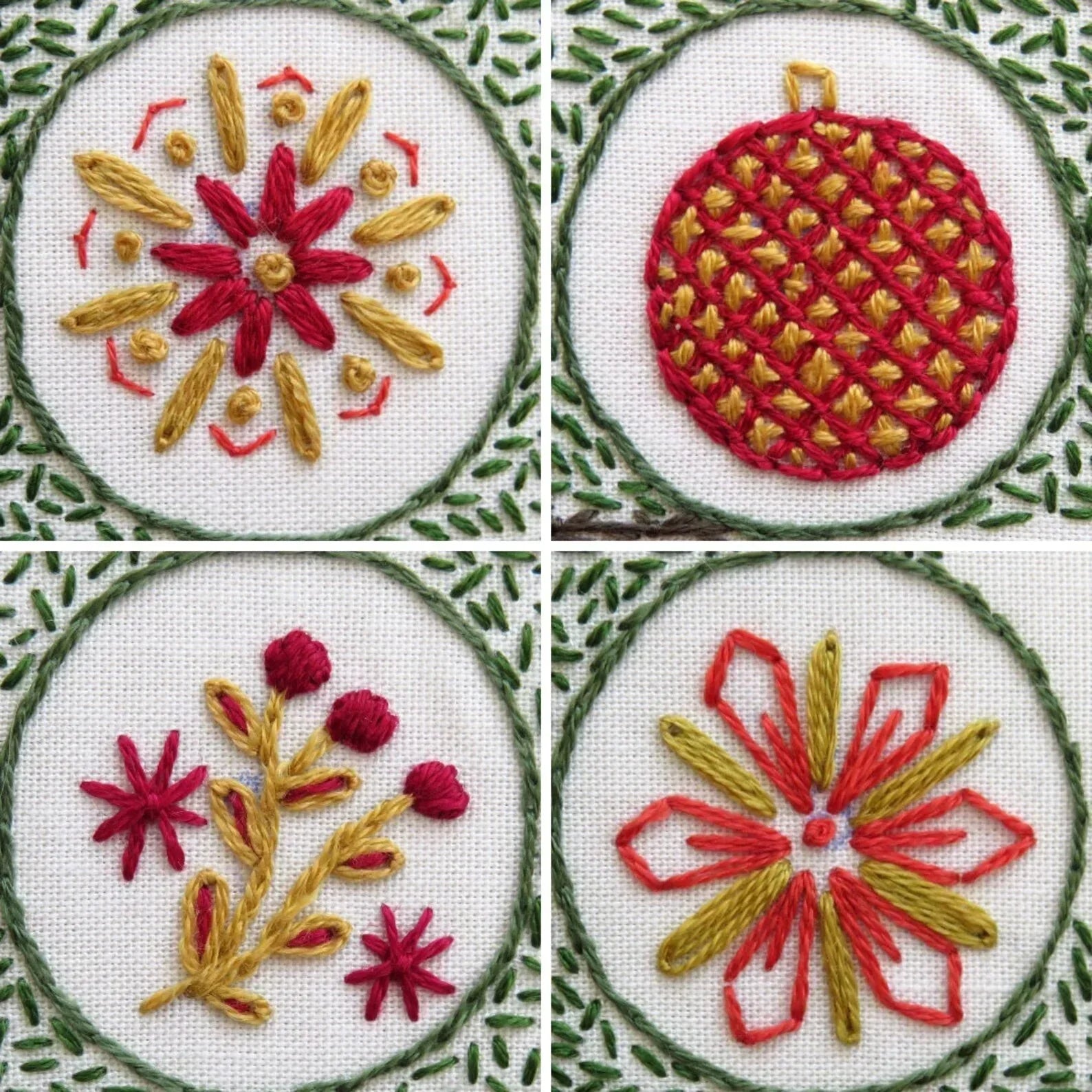 Four embroidered designs with red and gold patterns on a white background.