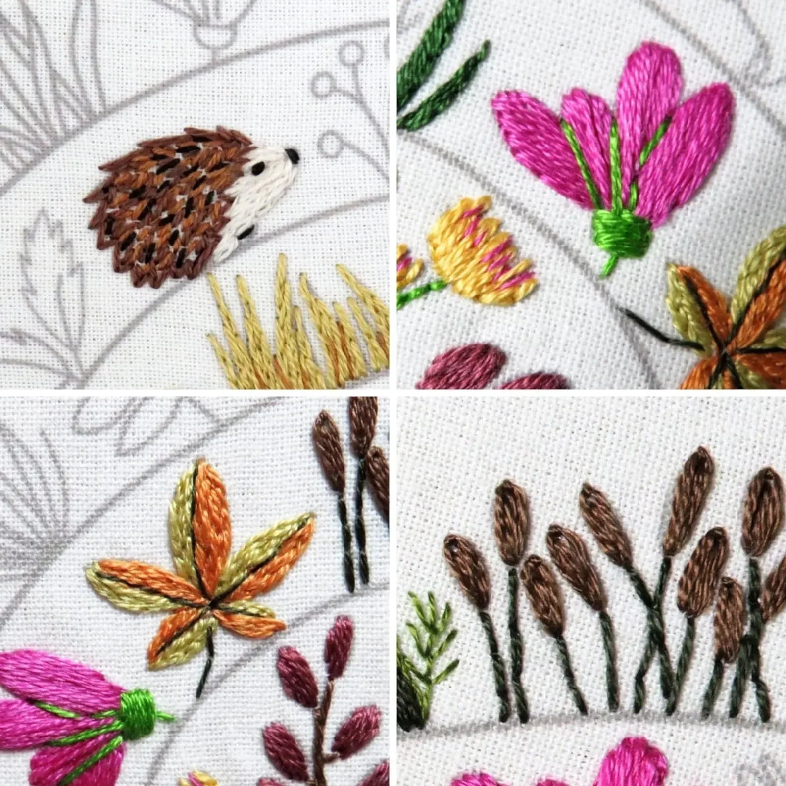 Collage of various embroidered patterns including a hedgehog, flowers, and leaves.