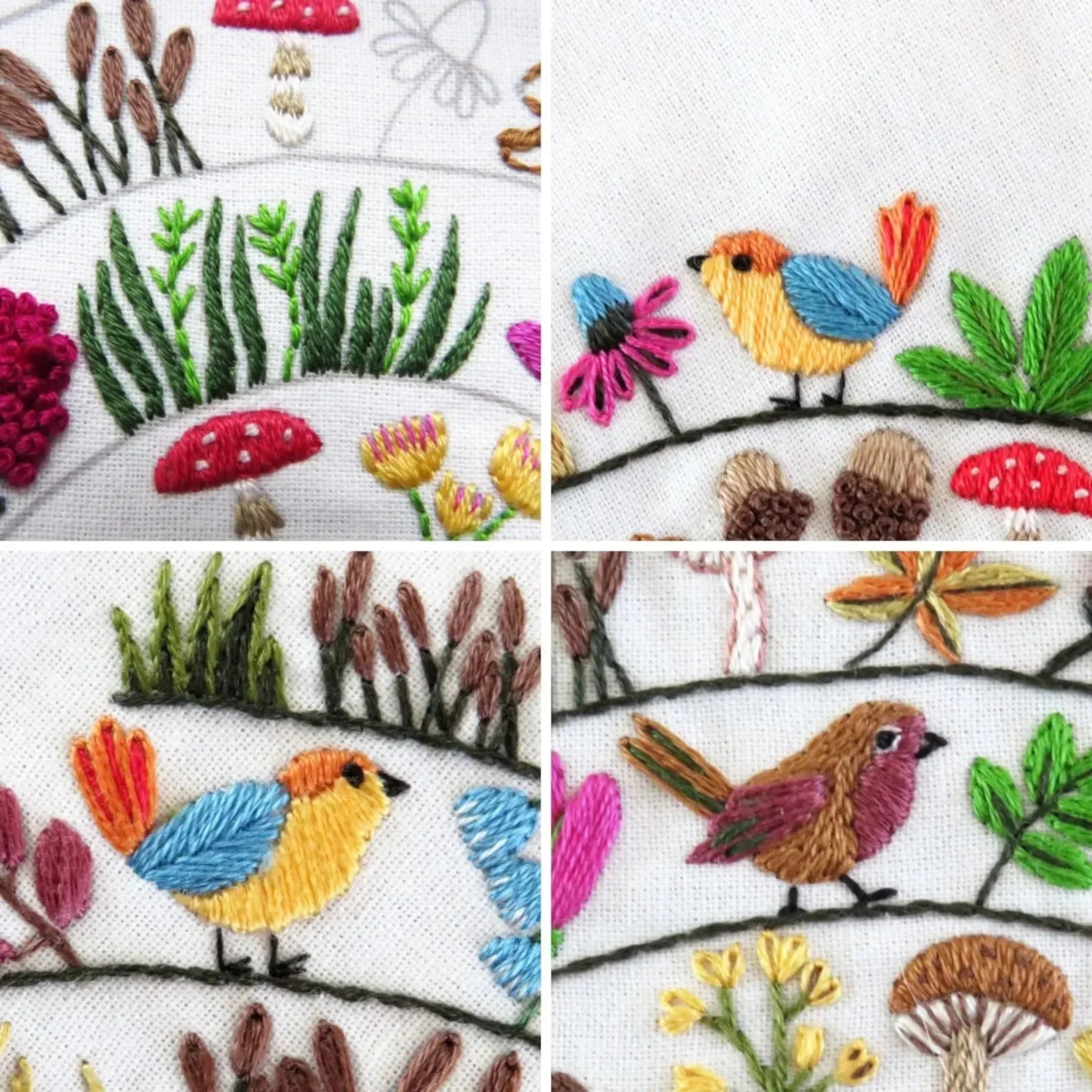 Collage of embroidered designs featuring birds, flowers, and plants.