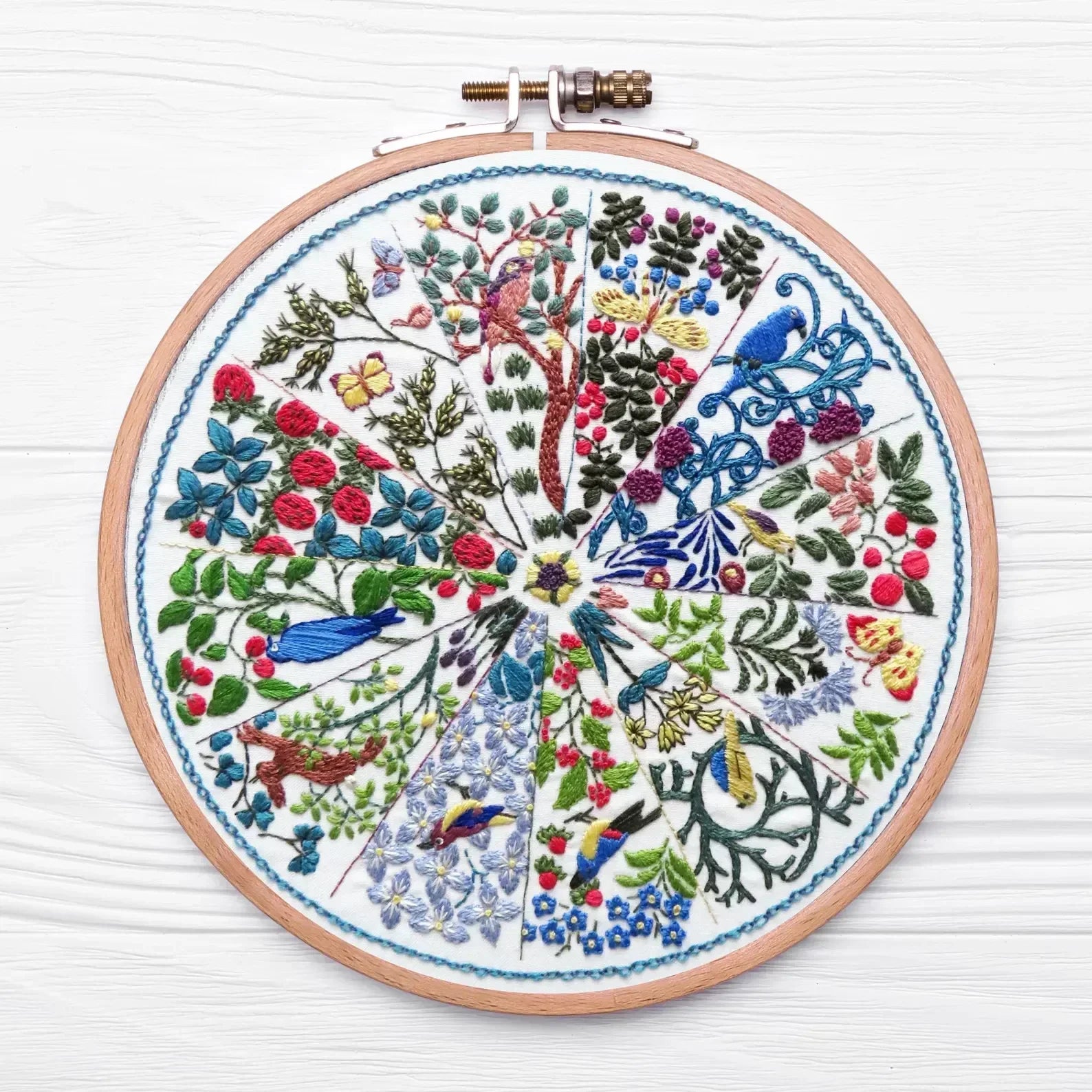 Embroidery hoop with colorful floral and bird design on a white background