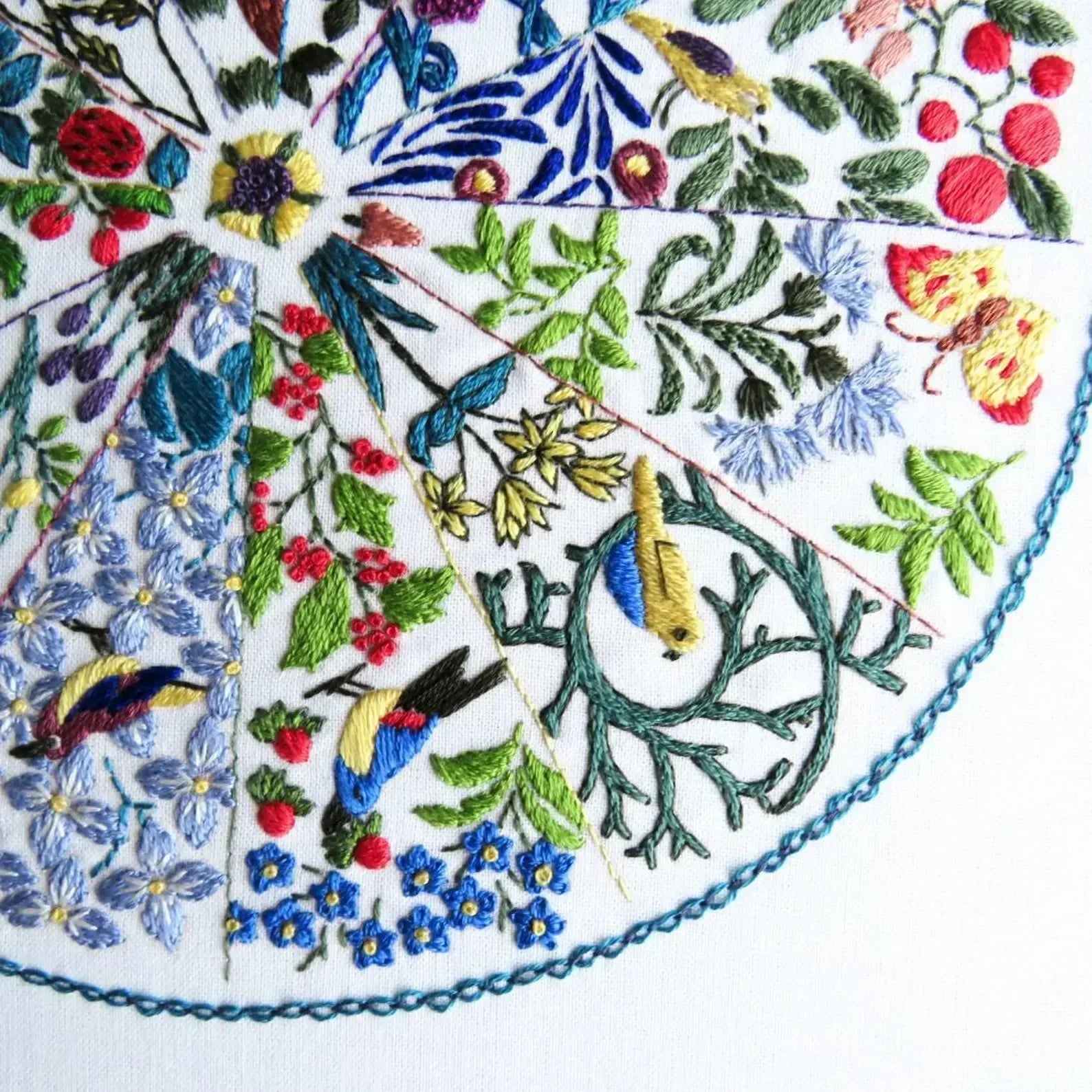 Embroidery hoop with colorful floral and bird design on a white background