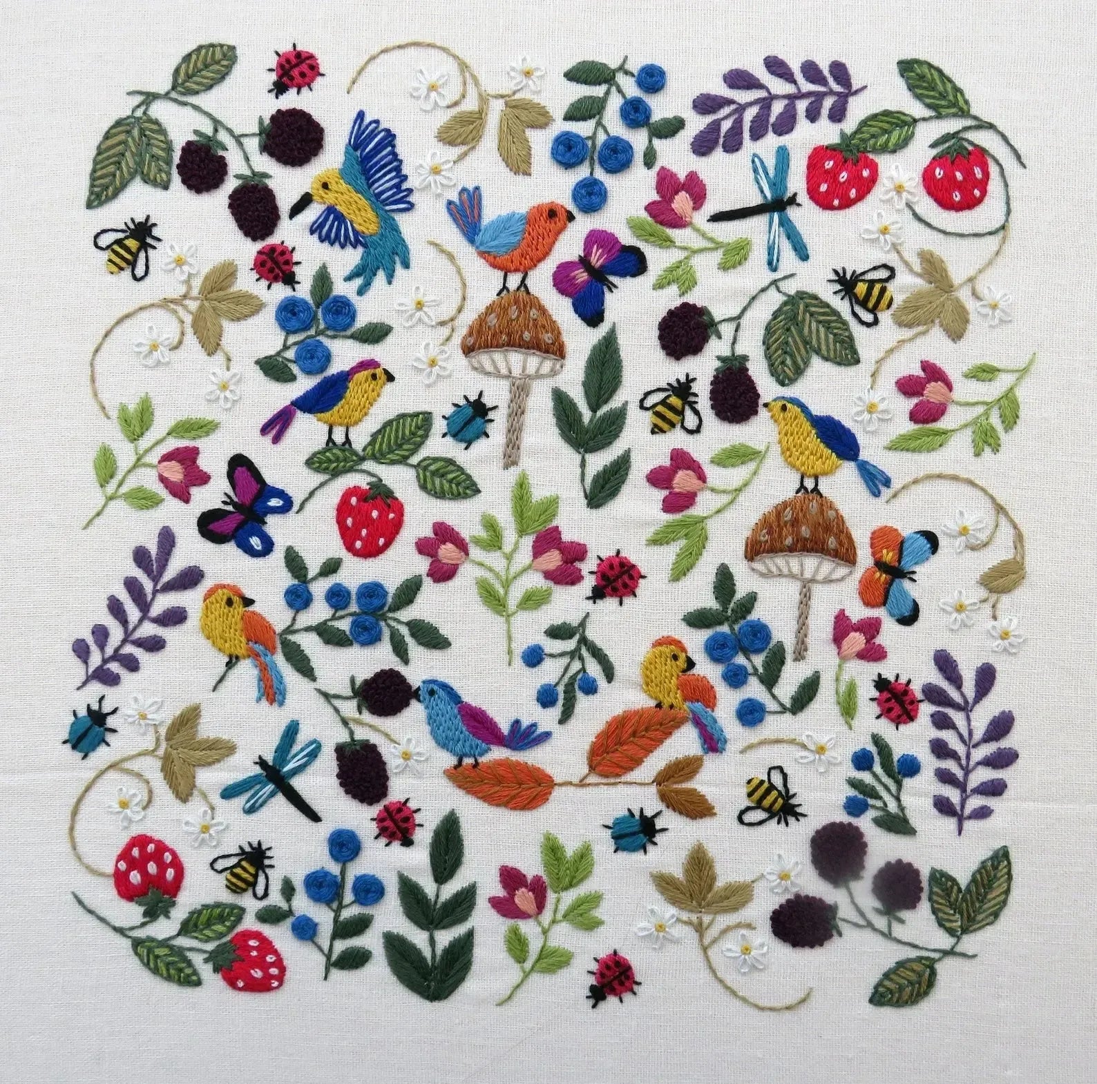 Embroidered design with birds, flowers, and leaves on a white background