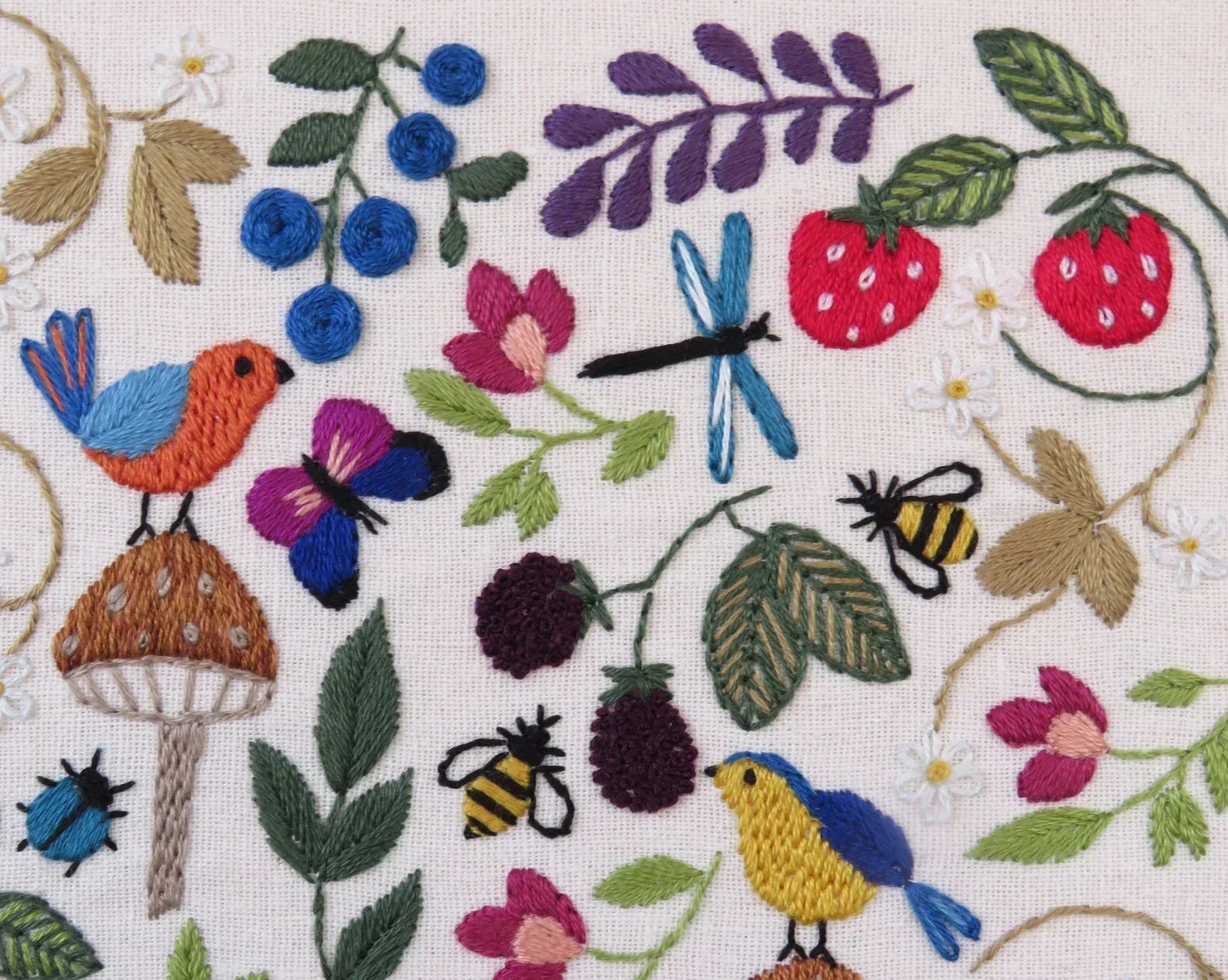 Embroidered design with birds, flowers, and insects on a white background