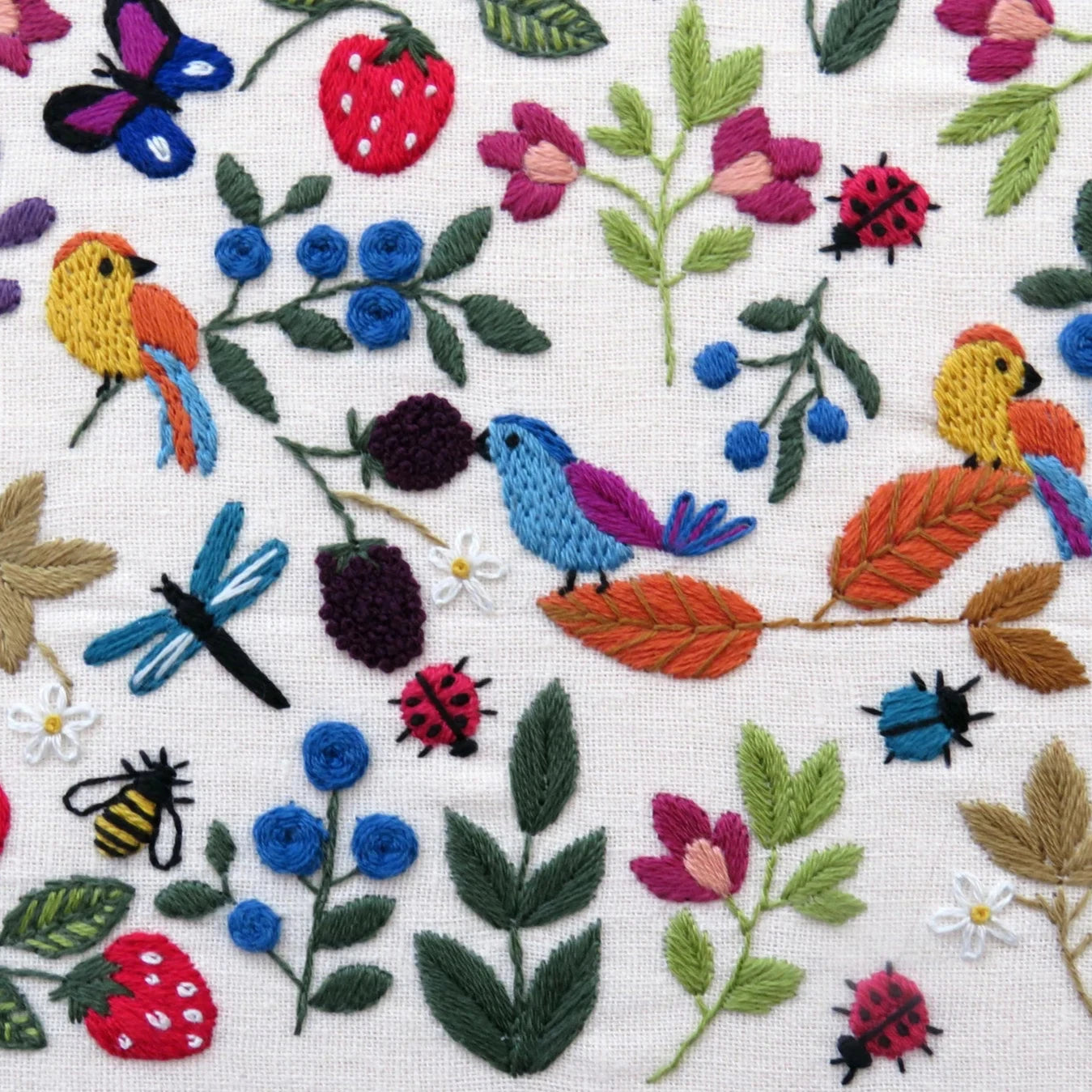 Embroidered pattern with birds, flowers, and insects on a white background