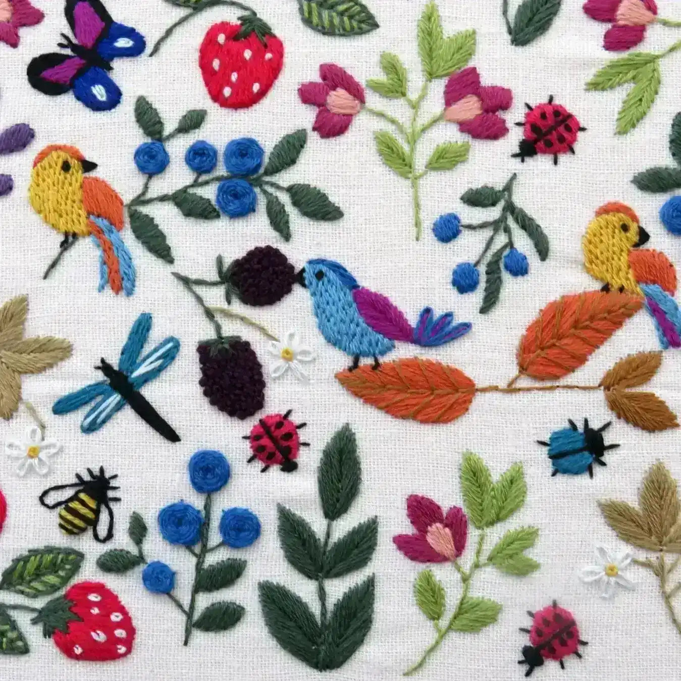 Embroidered pattern with birds, flowers, and insects on a white background