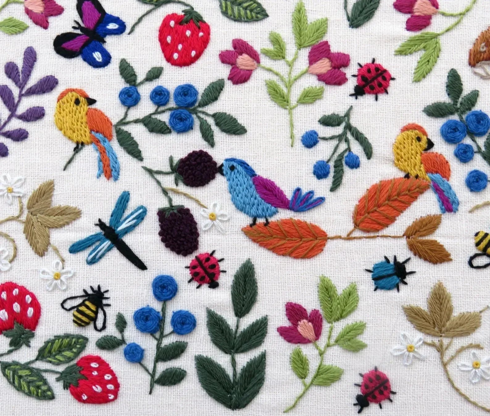 Embroidered pattern with birds, flowers, and insects on a white background