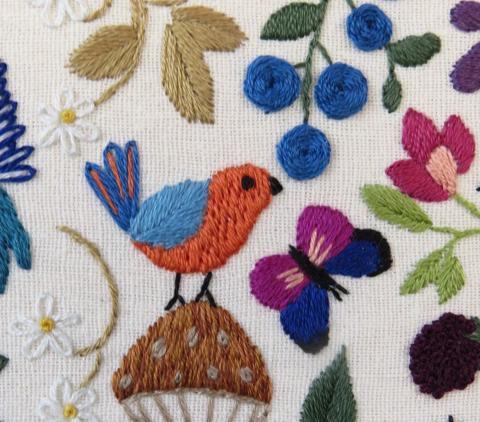 Embroidered design with a bird, butterfly, and flowers on a white background