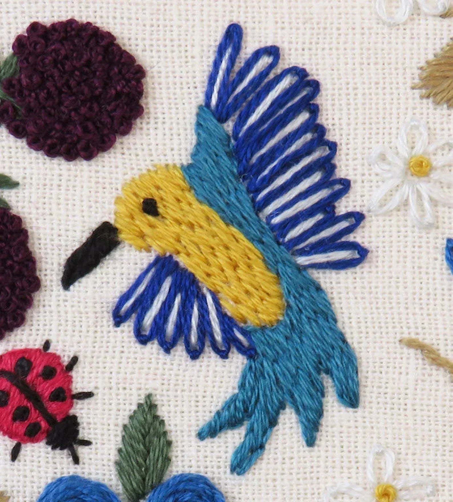 Embroidered design of a blue and yellow bird with flowers and ladybugs on a white background