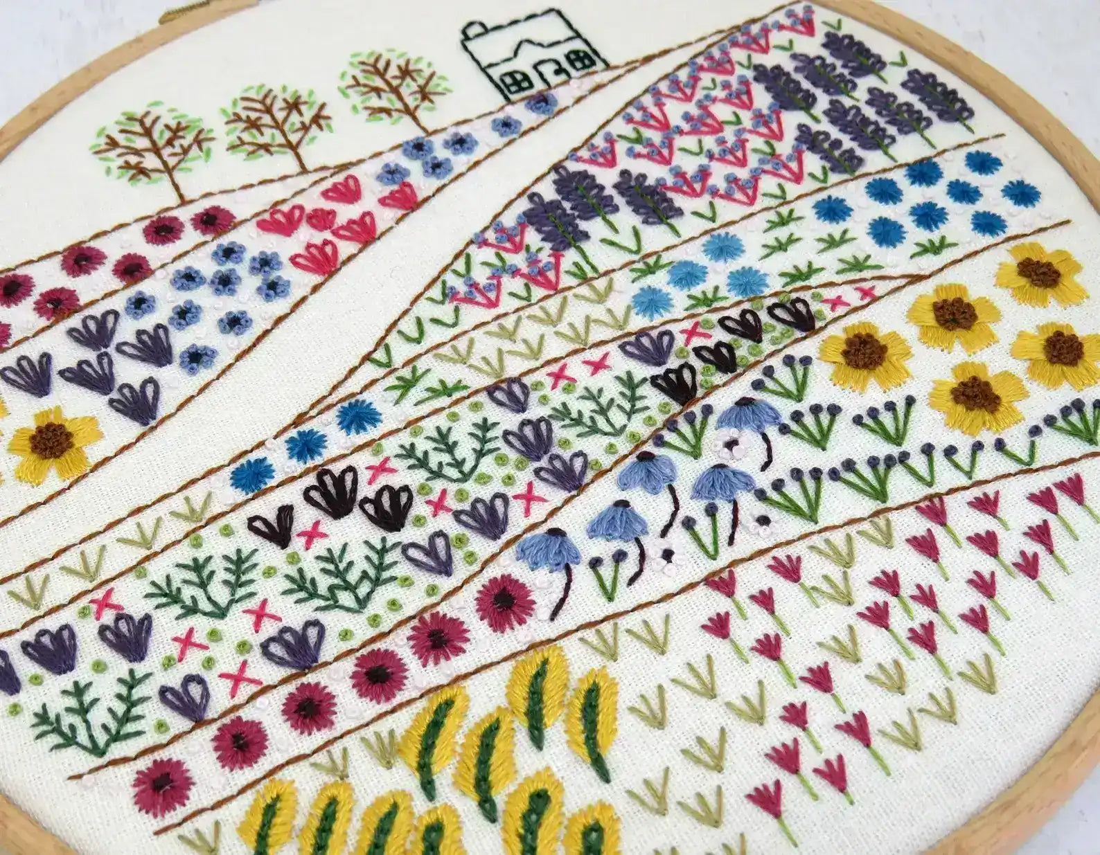 Embroidery hoop with floral and geometric patterns on a white background