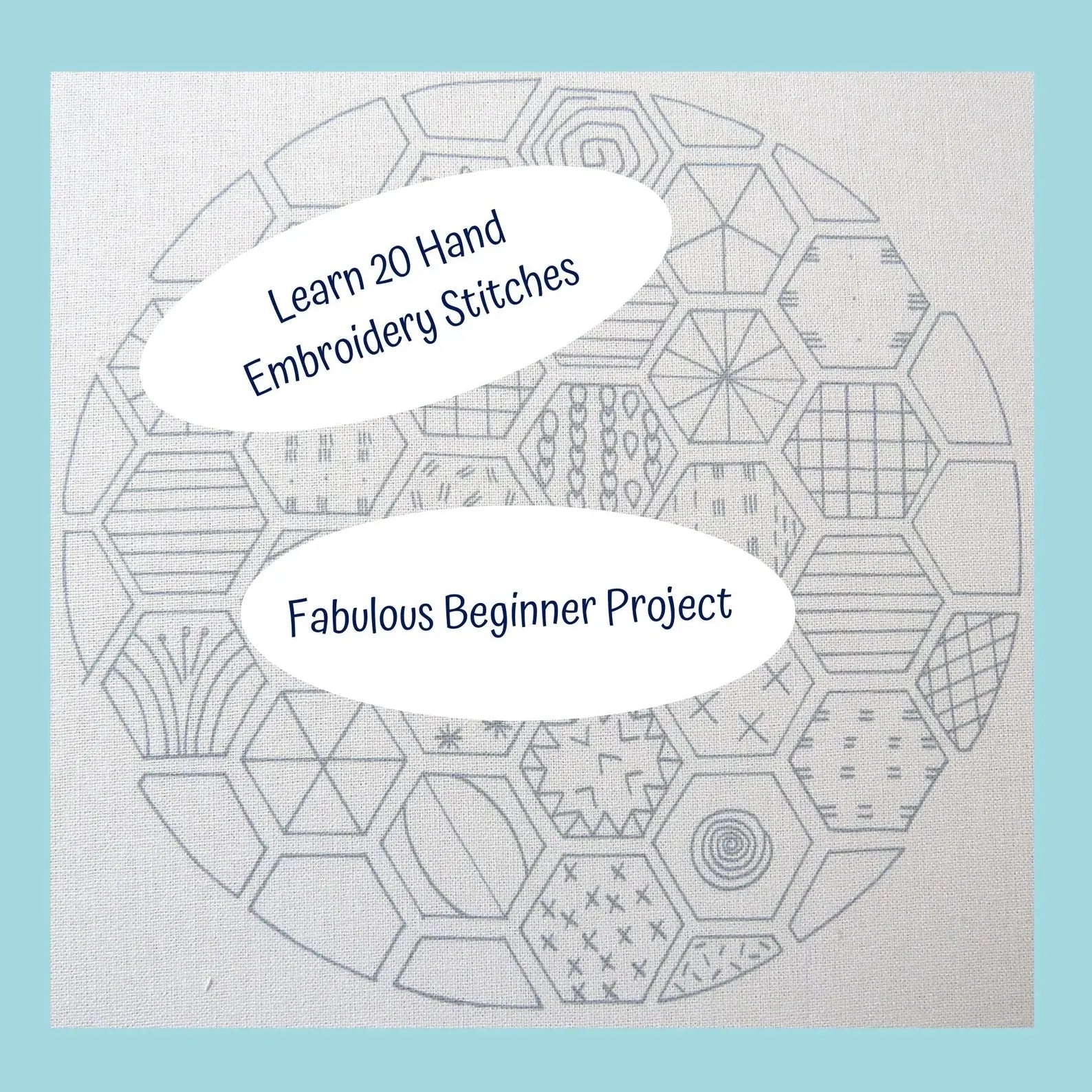 Text on a fabric with embroidered patterns and a light blue border