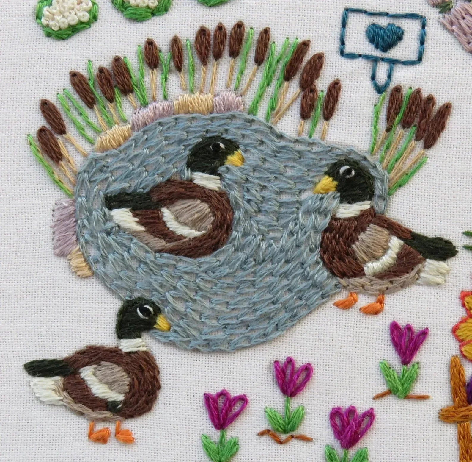 Embroidered design of a nest with birds and flowers on a white background