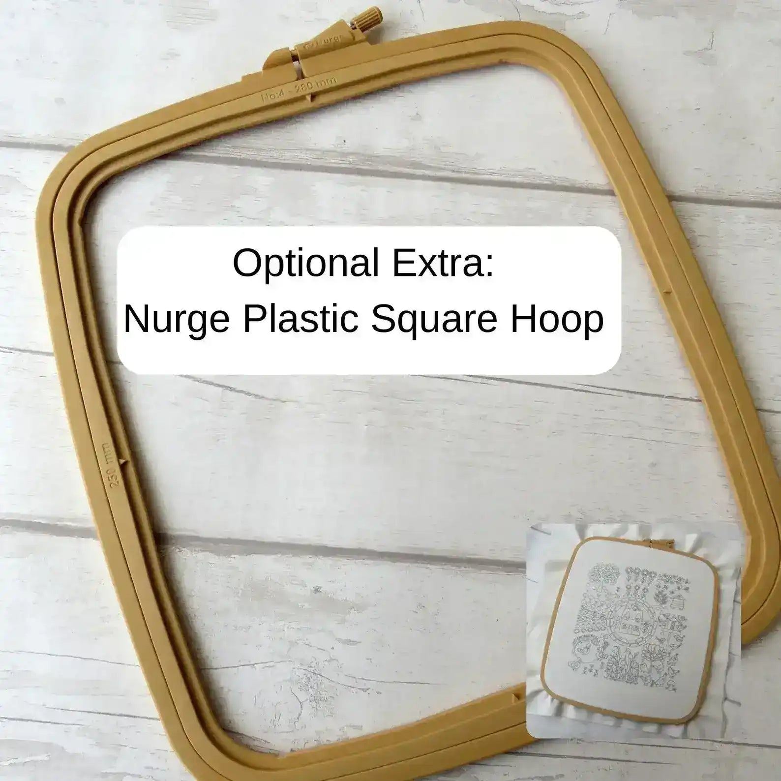 Nurge plastic square hoop on a light wooden surface with text overlay.