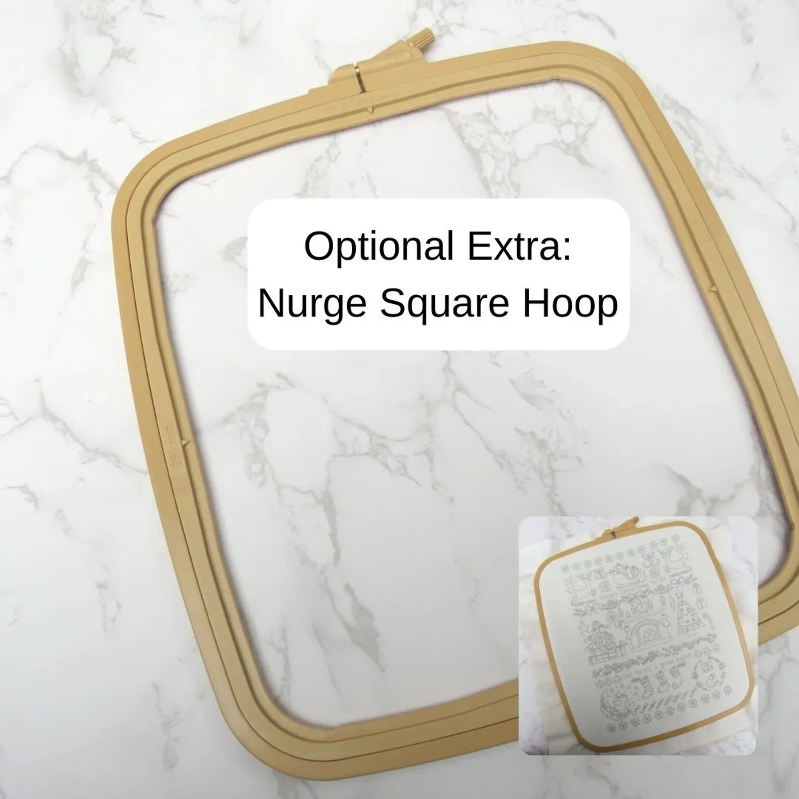 Nurge square hoop on a marble background with an inset showing a sample project.