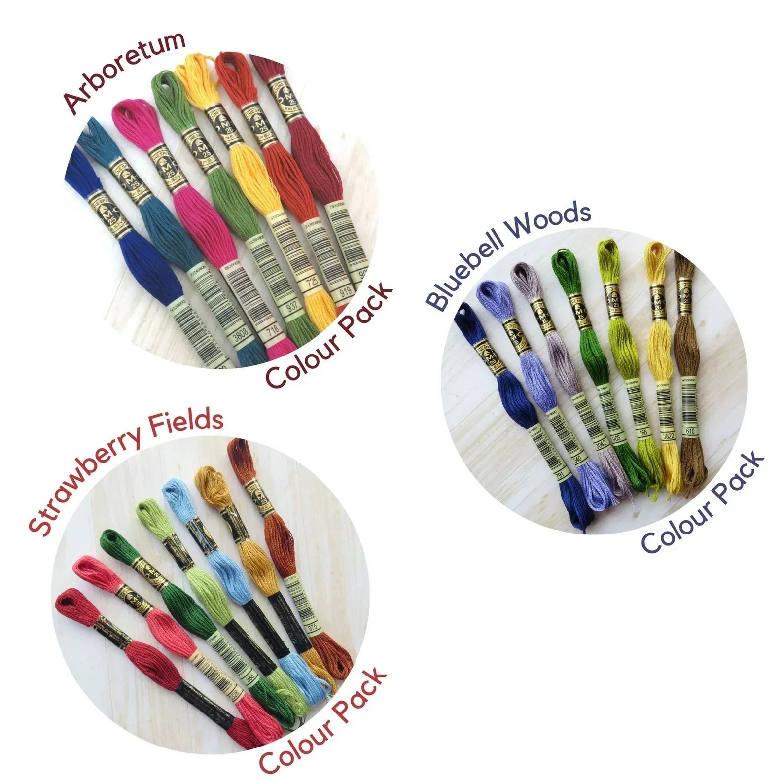 Three sets of embroidery thread color packs labeled 'Arboretum', 'Bluebell Woods', and 'Strawberry Fields' on a white background.