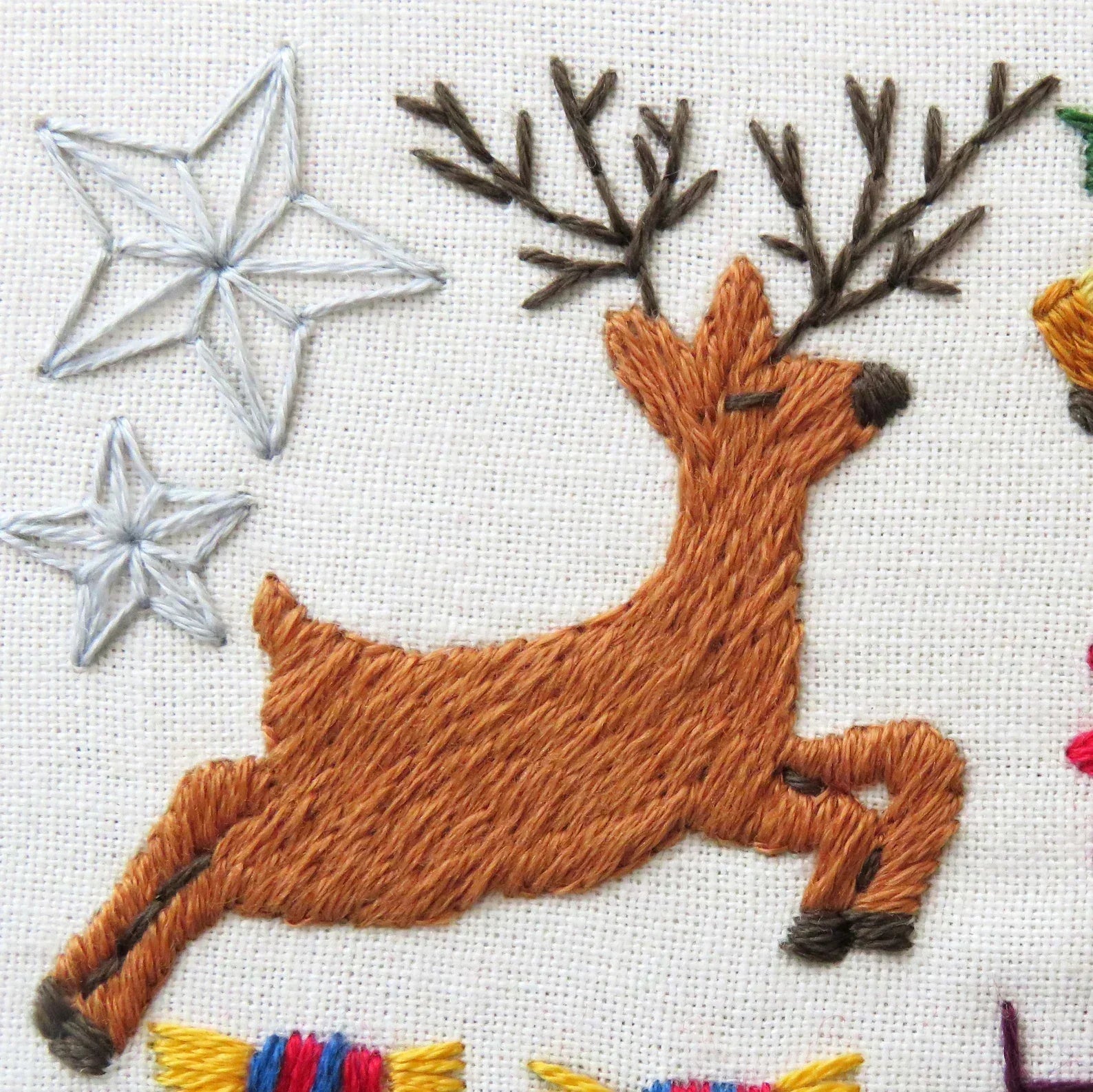 Embroidered reindeer design on fabric with stars and other elements.