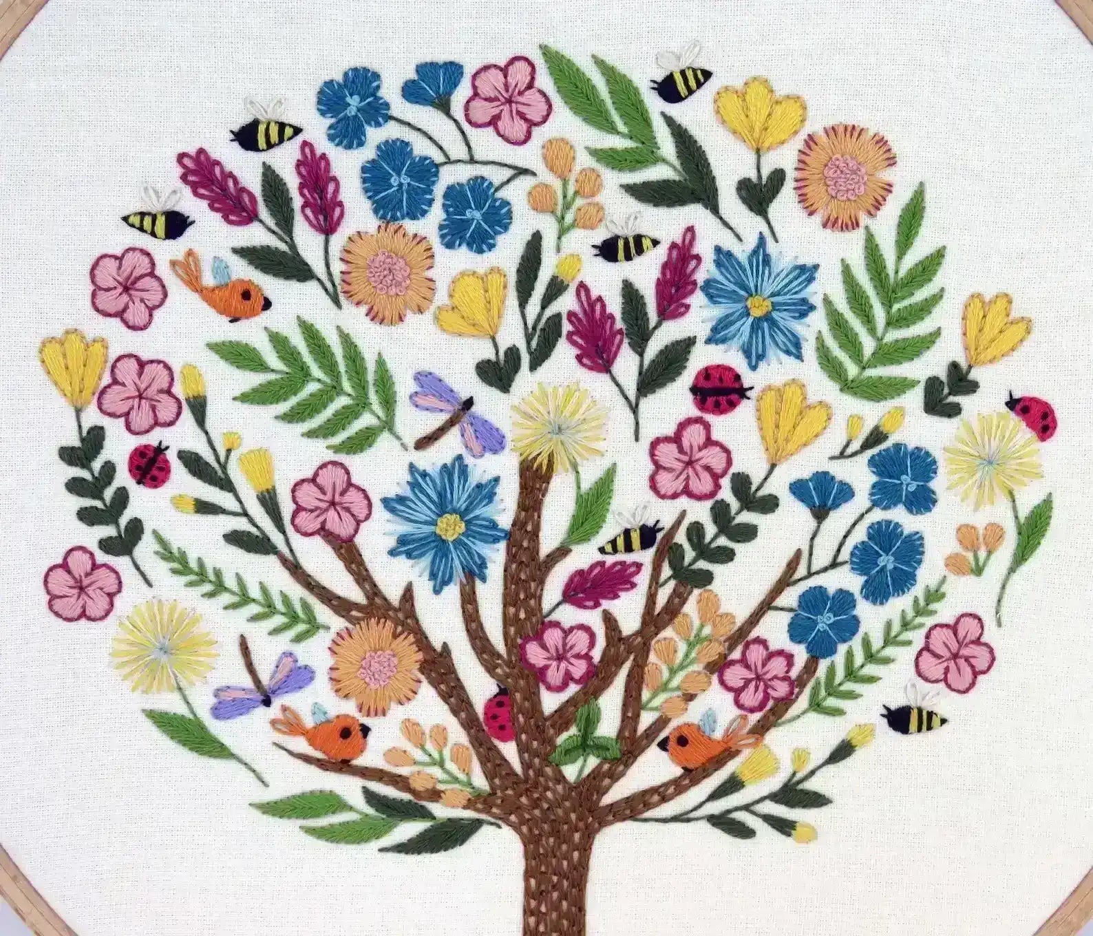 Embroidered tree with colorful flowers and leaves on a white background