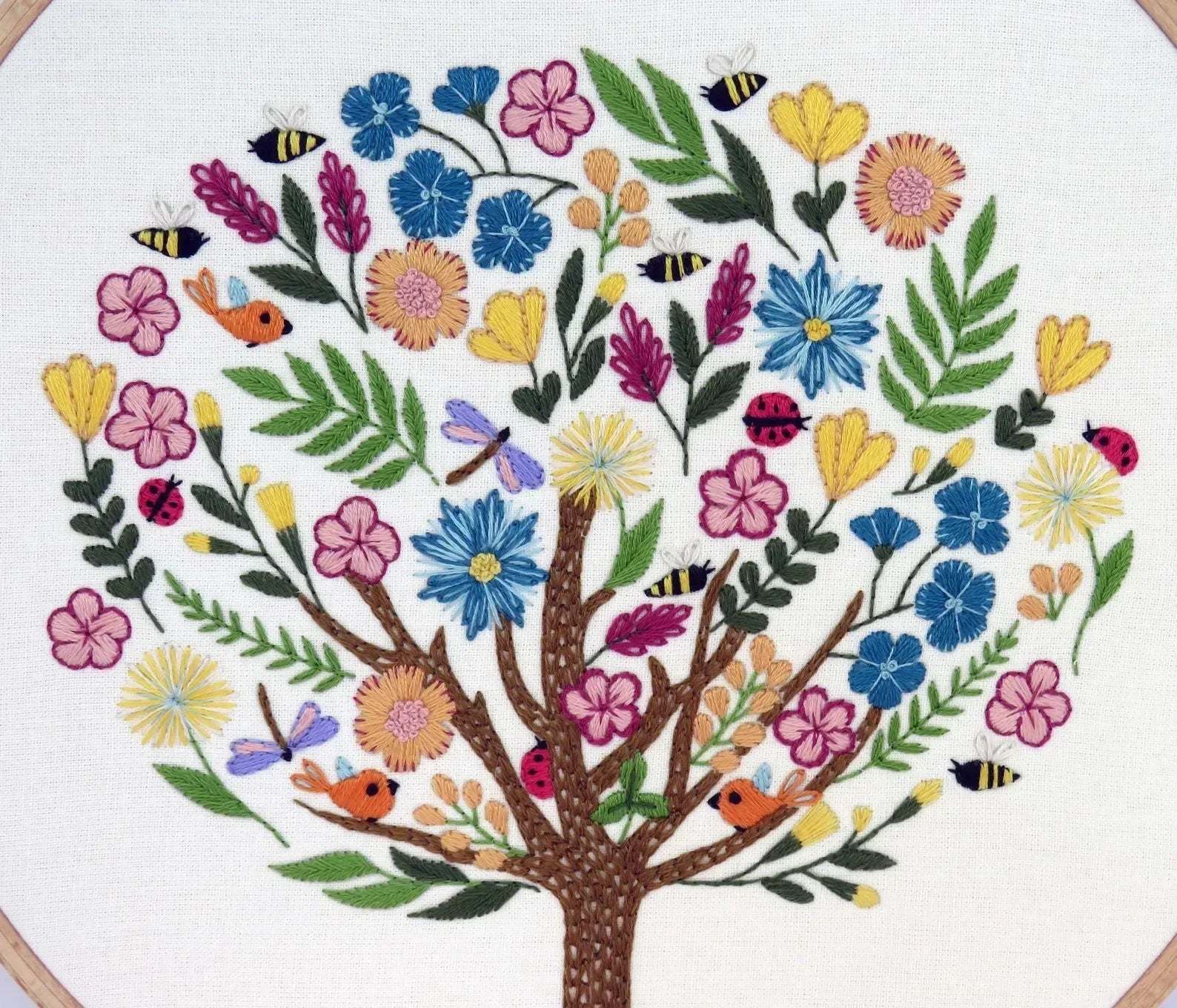 Embroidered tree with colorful flowers and leaves on a white background
