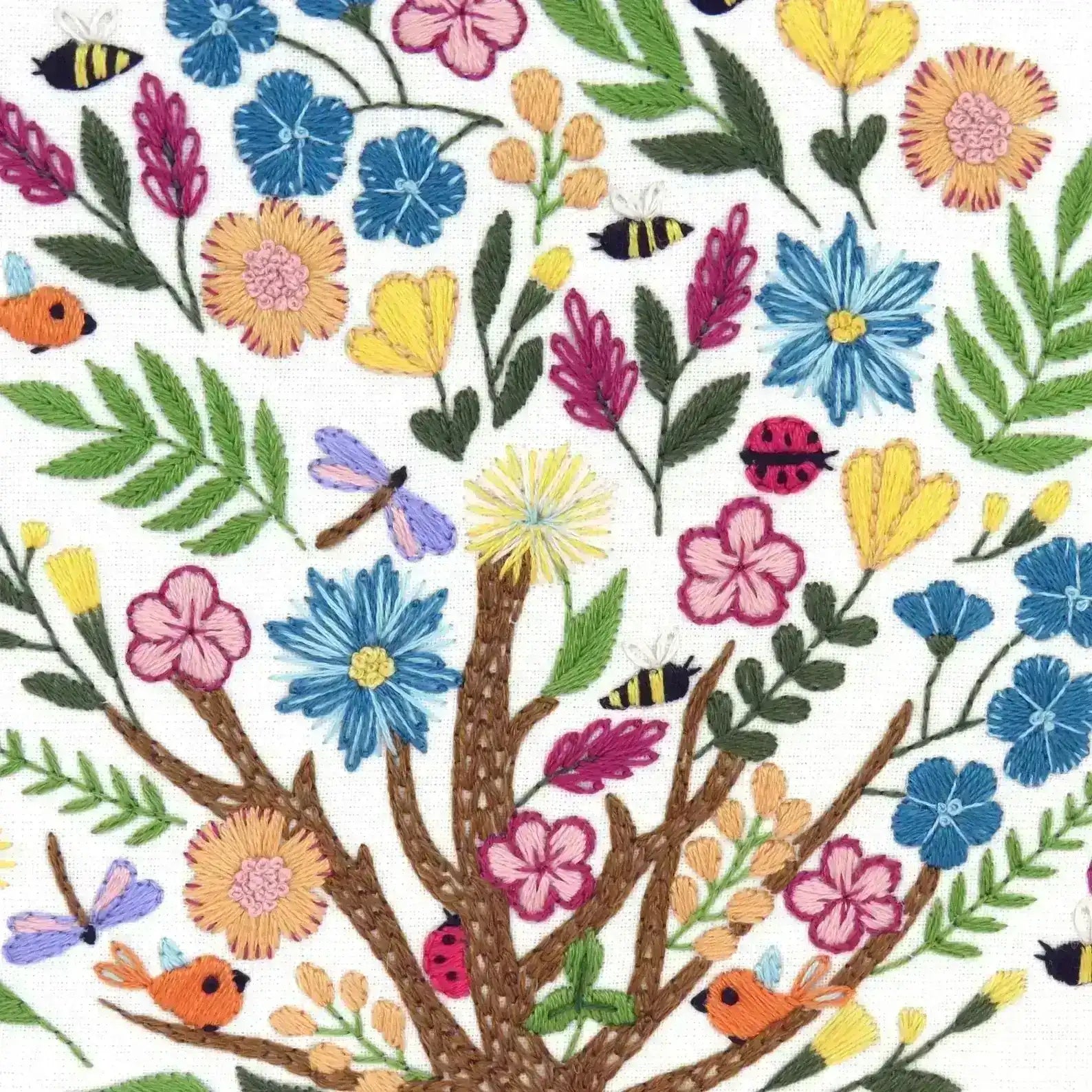 Colorful floral pattern with leaves and insects on a white background
