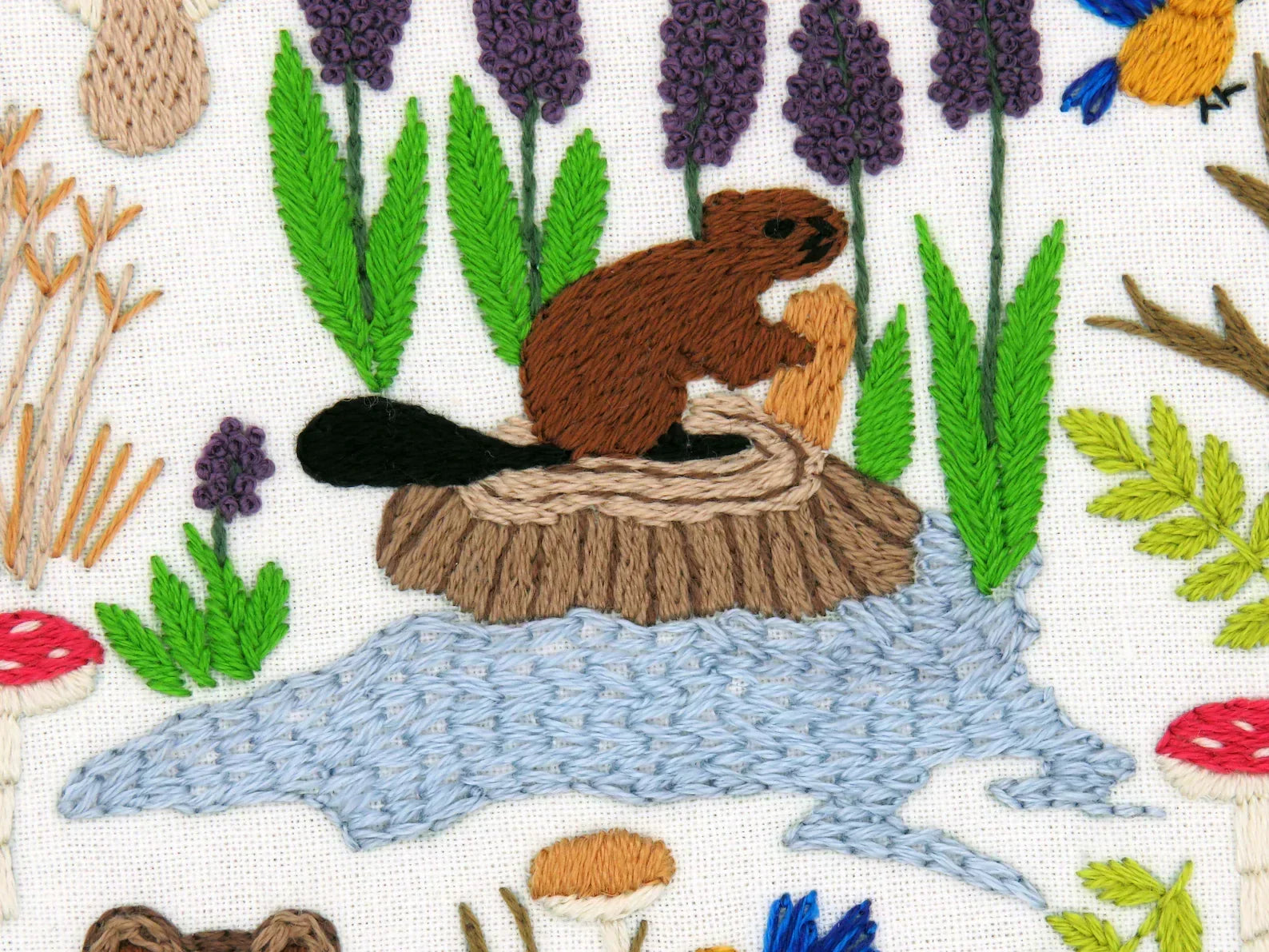 Embroidered design of a beaver on a log with plants and mushrooms