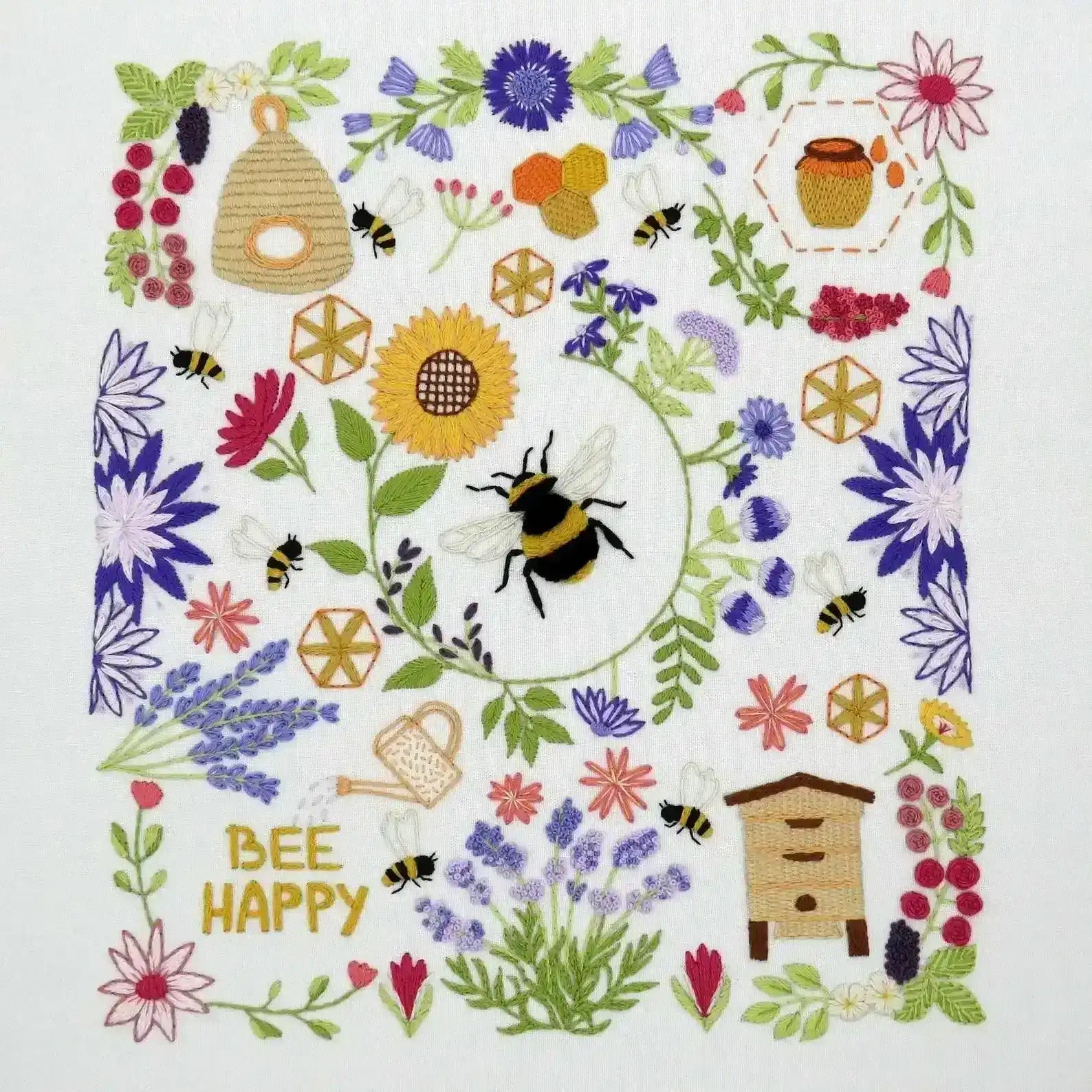 Decorative design with bees, flowers, and honeycomb elements on a white background.