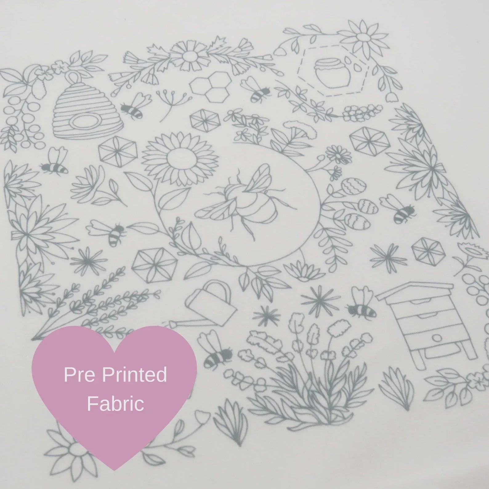 Pre-printed fabric with bee and floral pattern on a light gray background