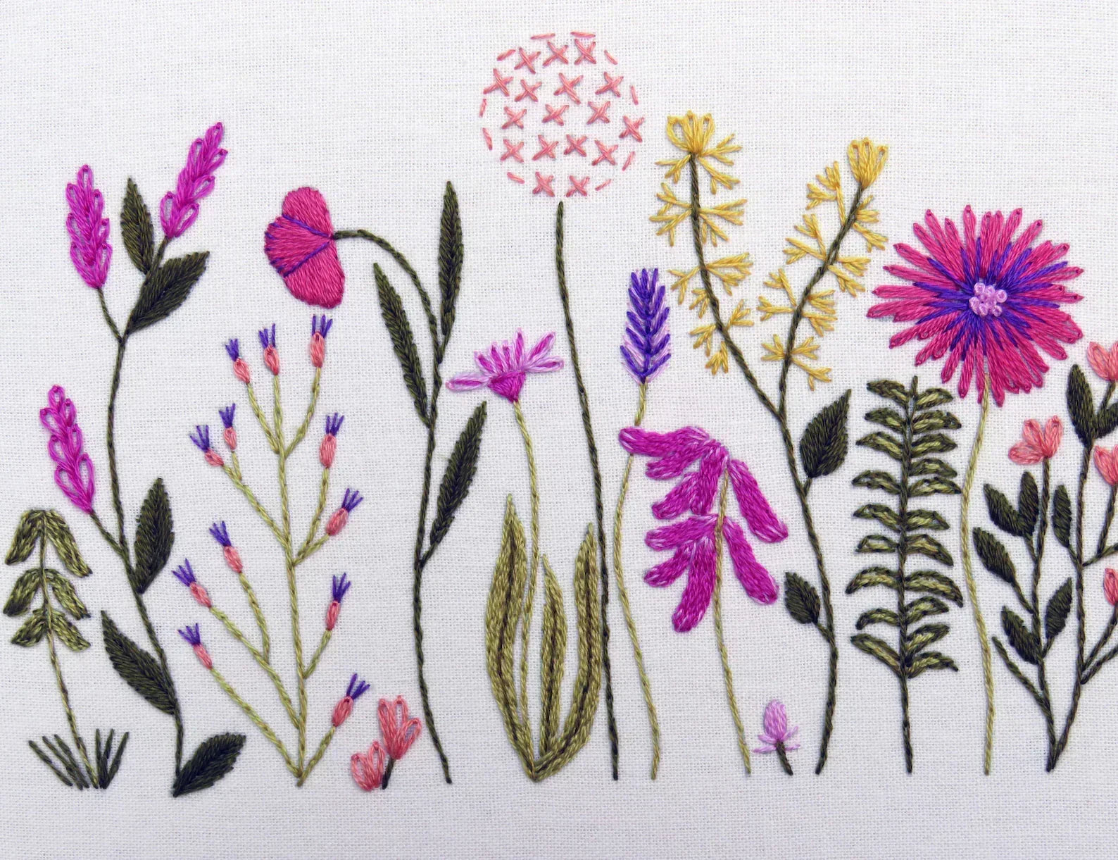 Embroidered pattern of colorful flowers on a white background