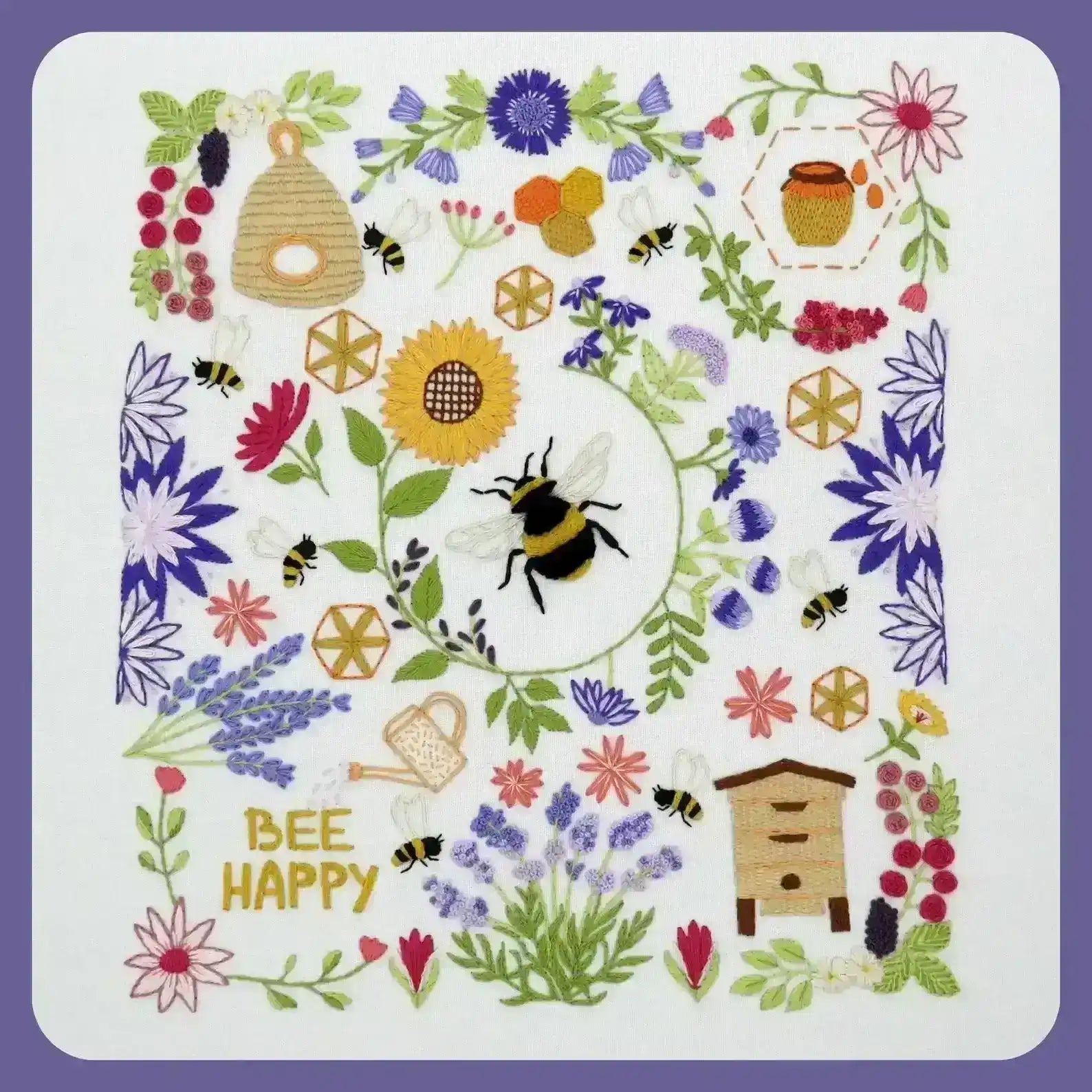 Colorful design with bees, flowers, and honeycombs on a white background