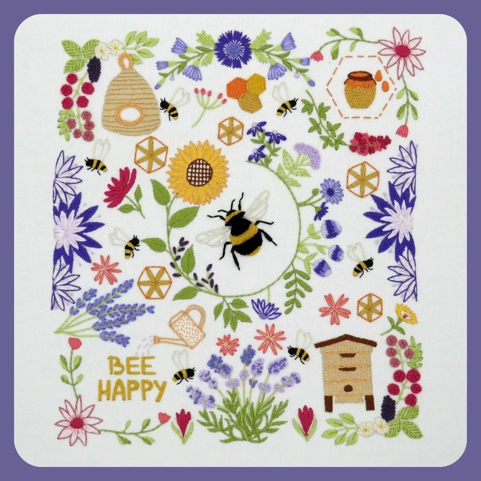 Colorful design with bees, flowers, and honeycombs on a white background
