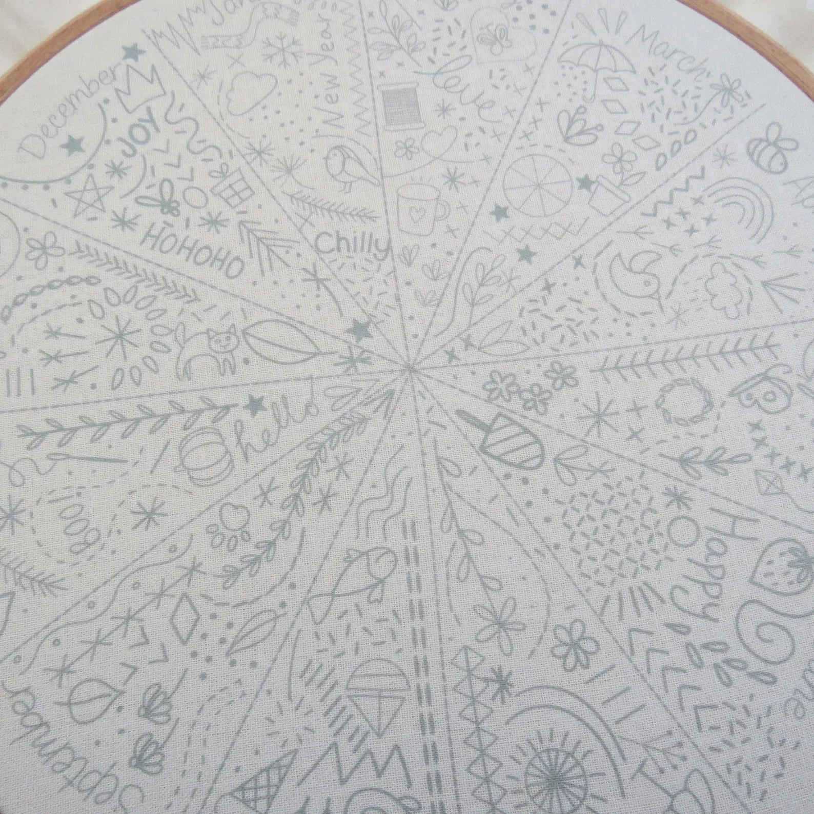 Circular design with various patterns and text on a white background