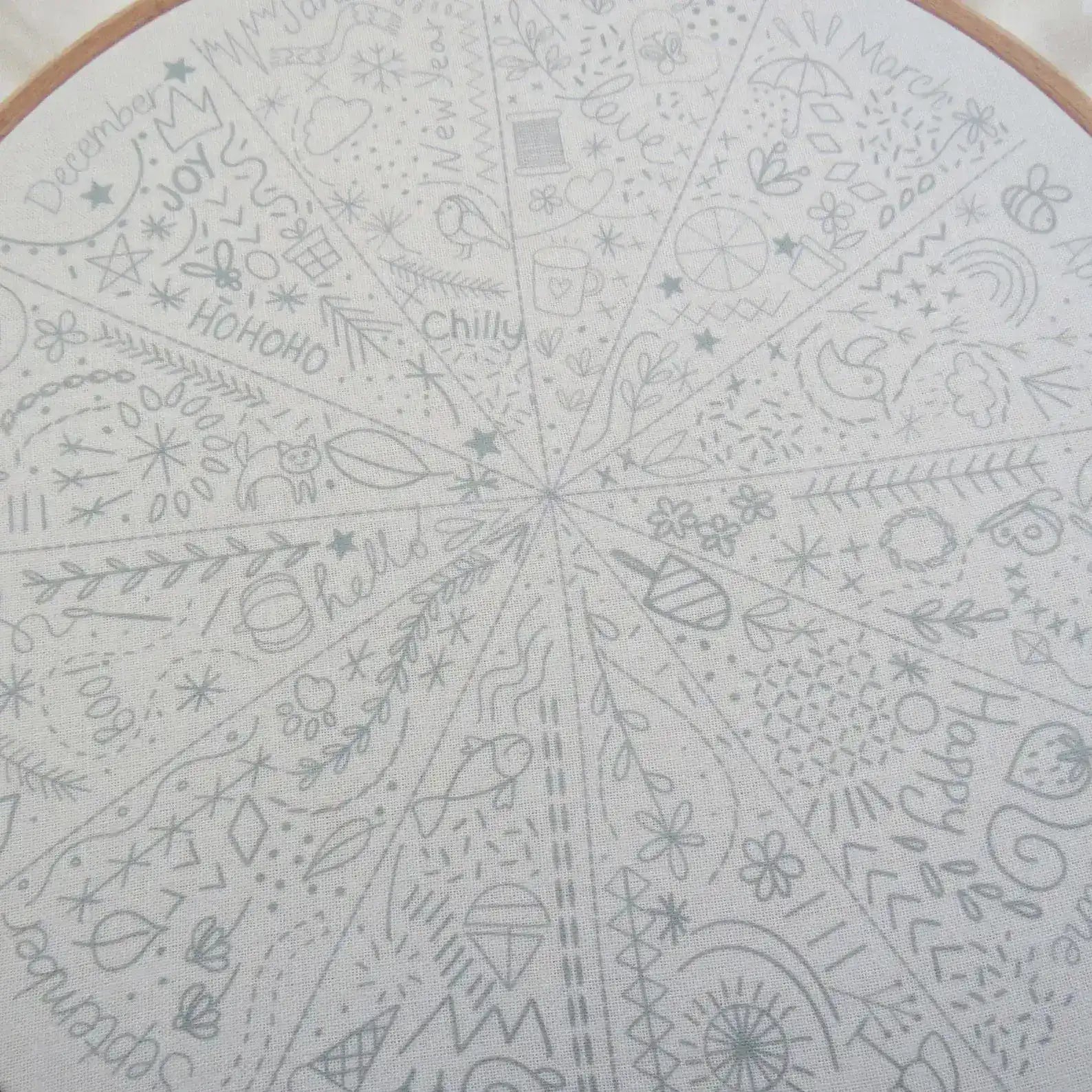 Circular design with various patterns and text on a white background