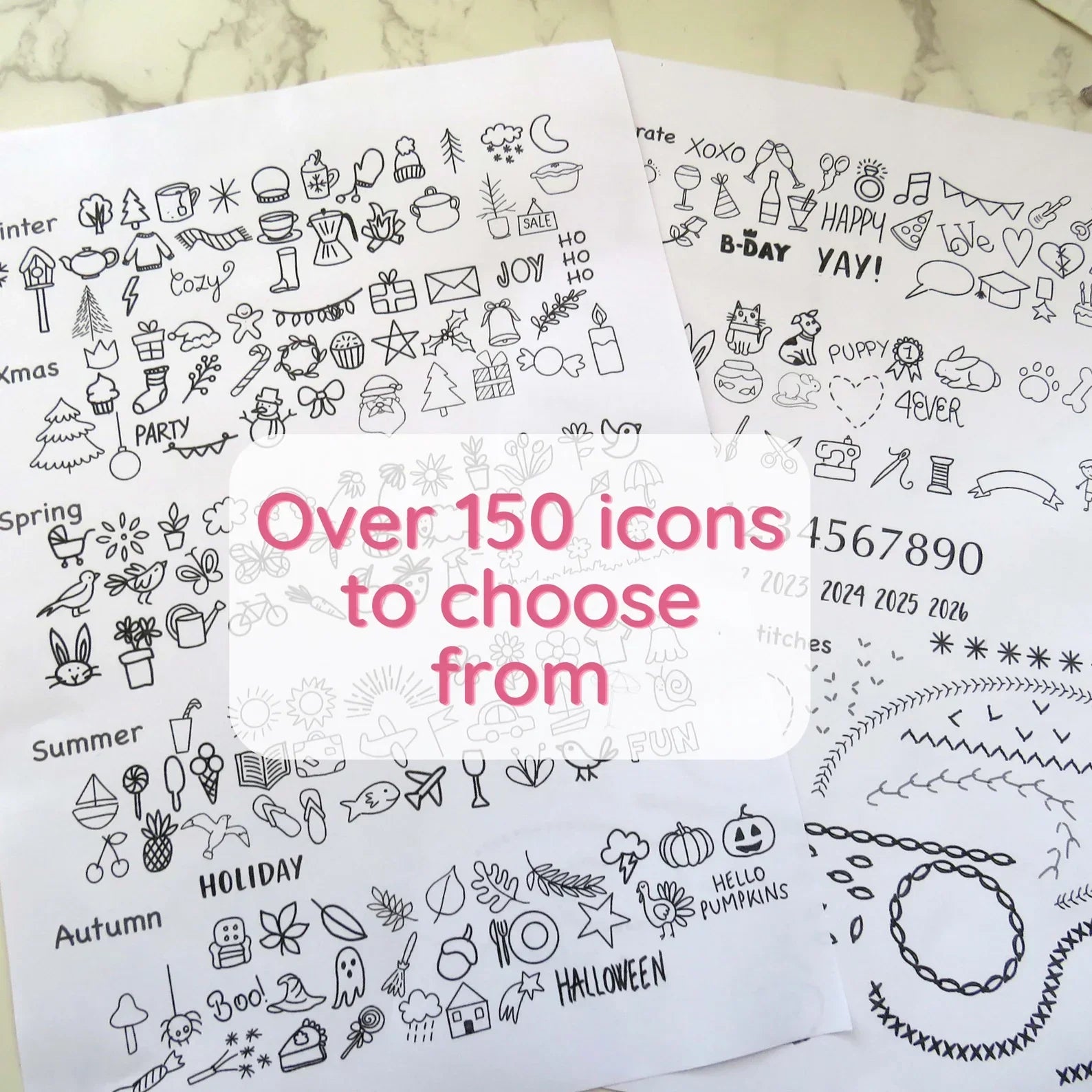 Sheets of black line art icons on white paper with text overlay.