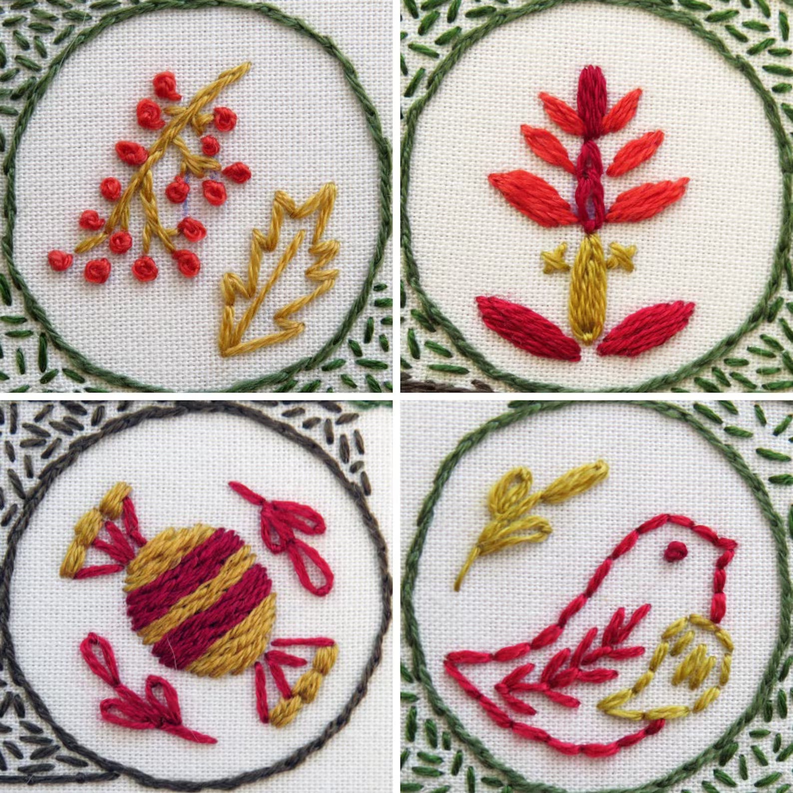 Four embroidered designs featuring red, yellow, and green stitches on a white background.