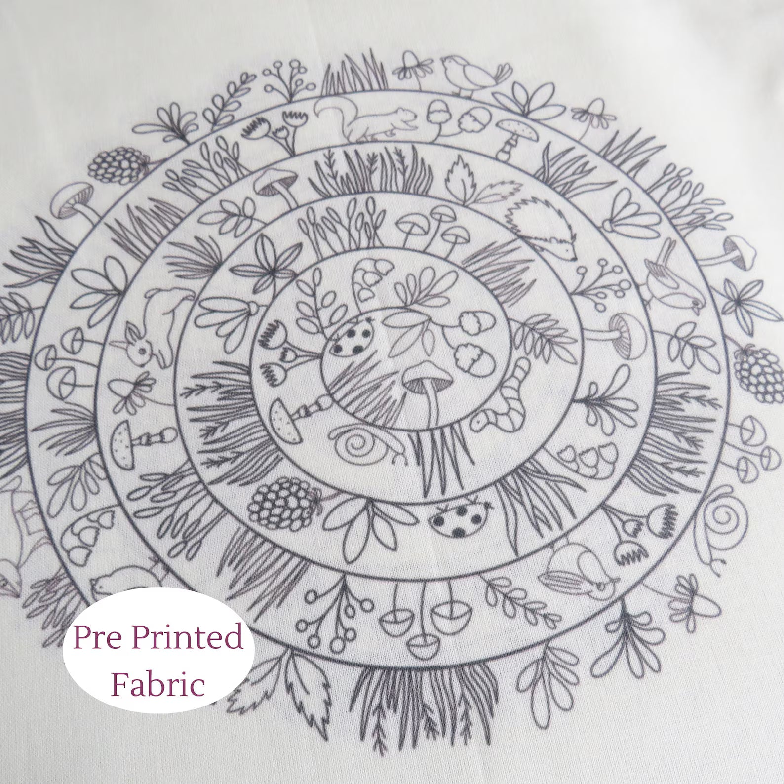 Pre-printed fabric with nature-themed design featuring animals and plants.