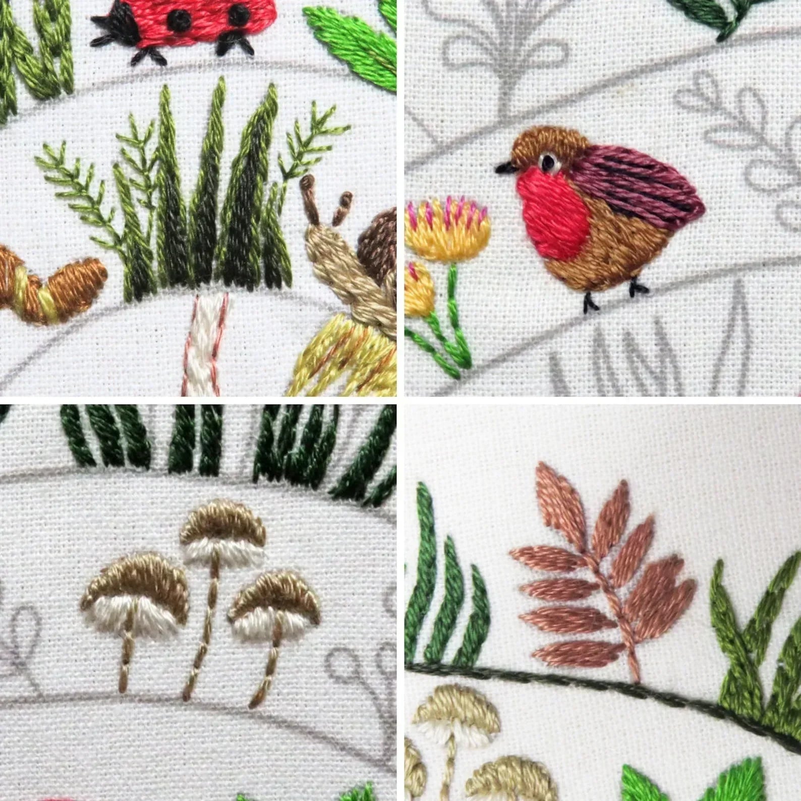 Collage of embroidered designs including a bird, plants, and insects on a white background.