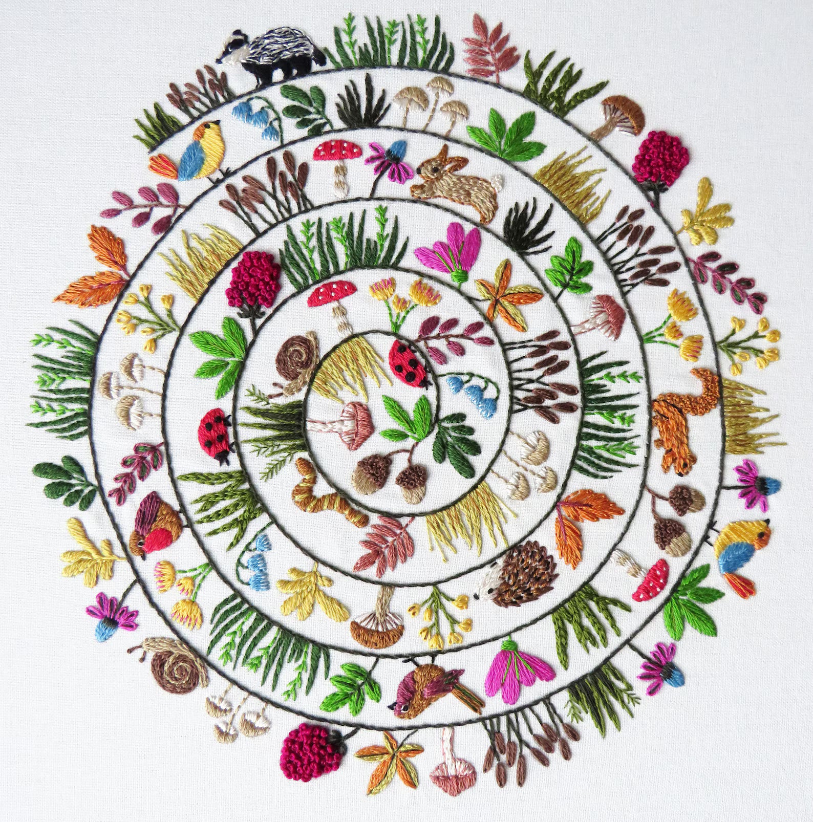 Circular design with embroidered plants, animals, and nature elements on a white background