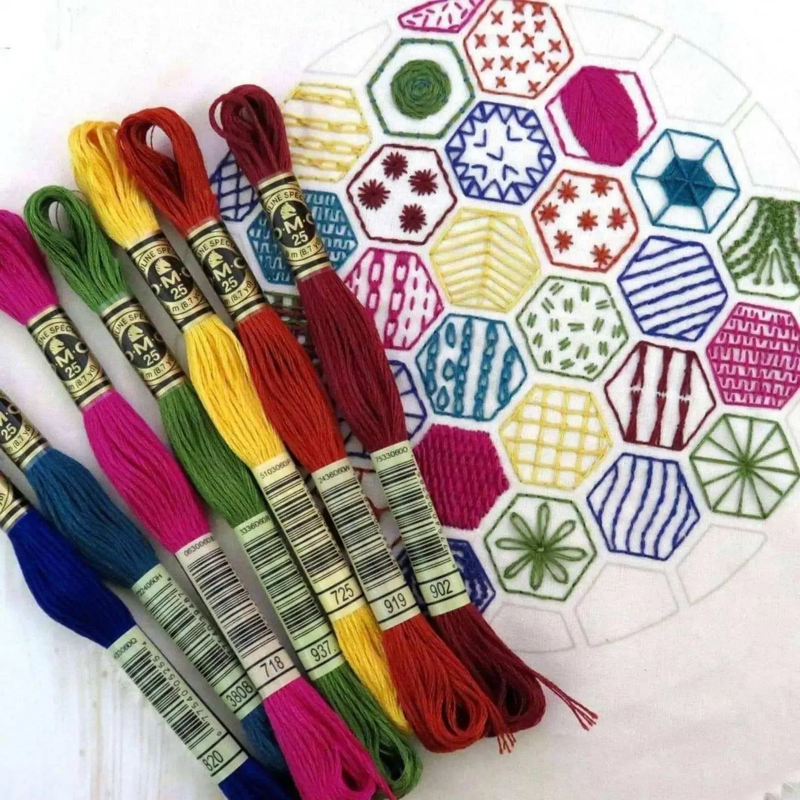 Colorful embroidery threads with a patterned fabric background
