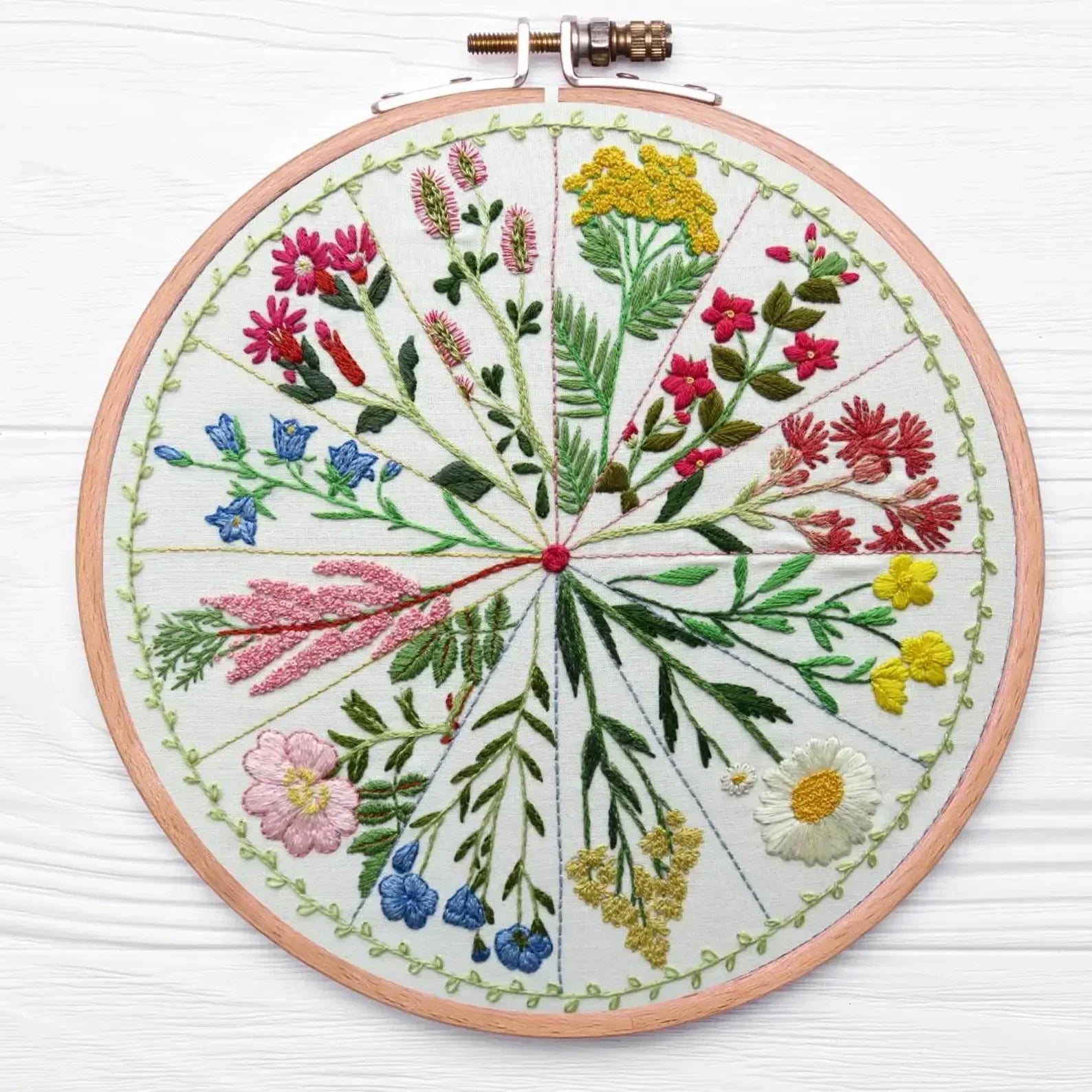 Embroidery hoop with floral embroidery on a white background