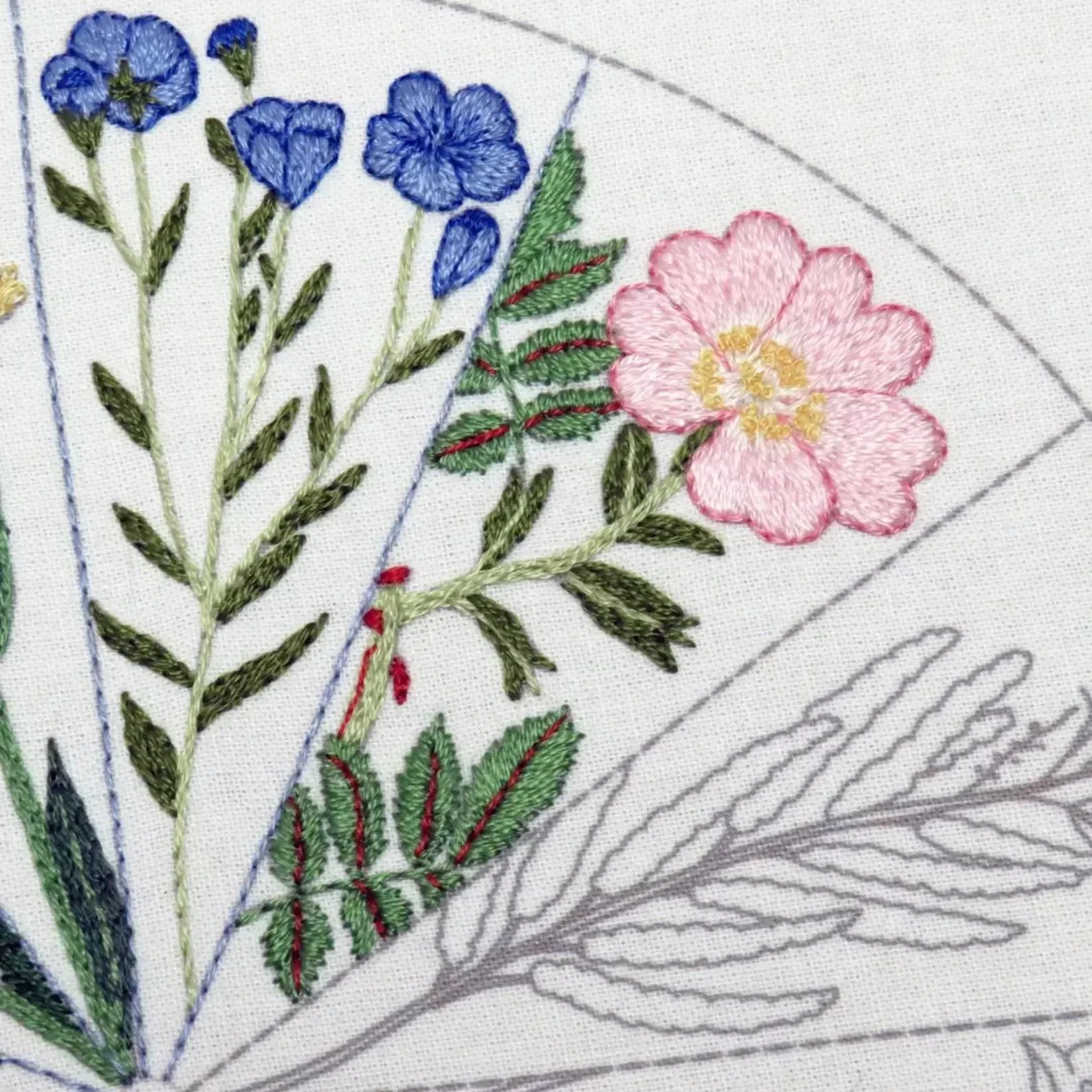 Close-up of embroidered flowers and leaves on fabric