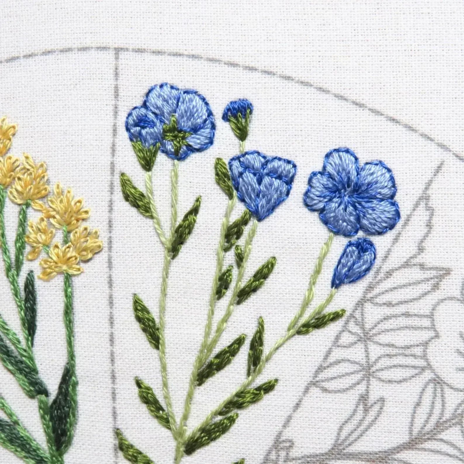 Embroidered design of blue flowers and green leaves on a white background