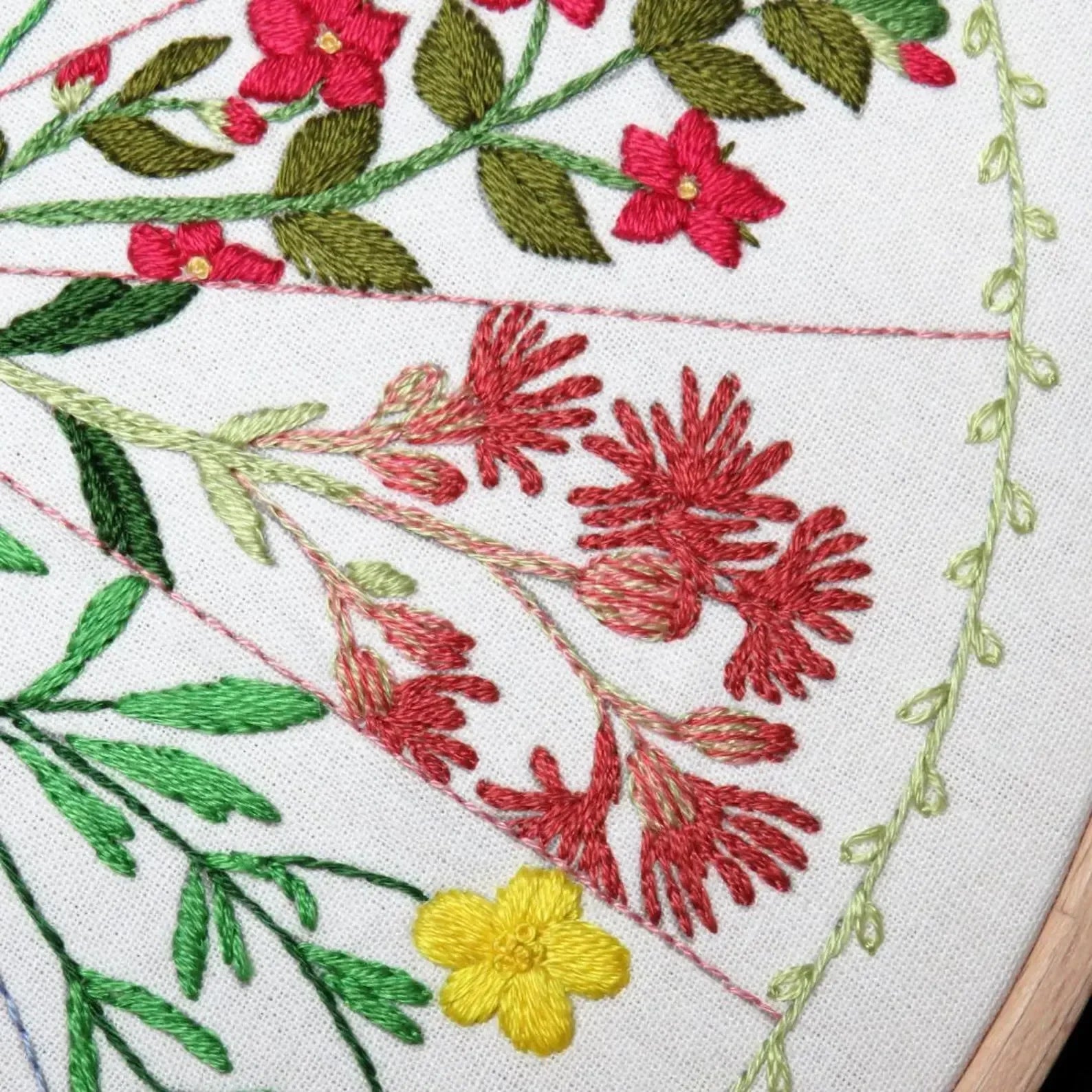 Close-up of embroidered floral design with red flowers and green leaves on white fabric.