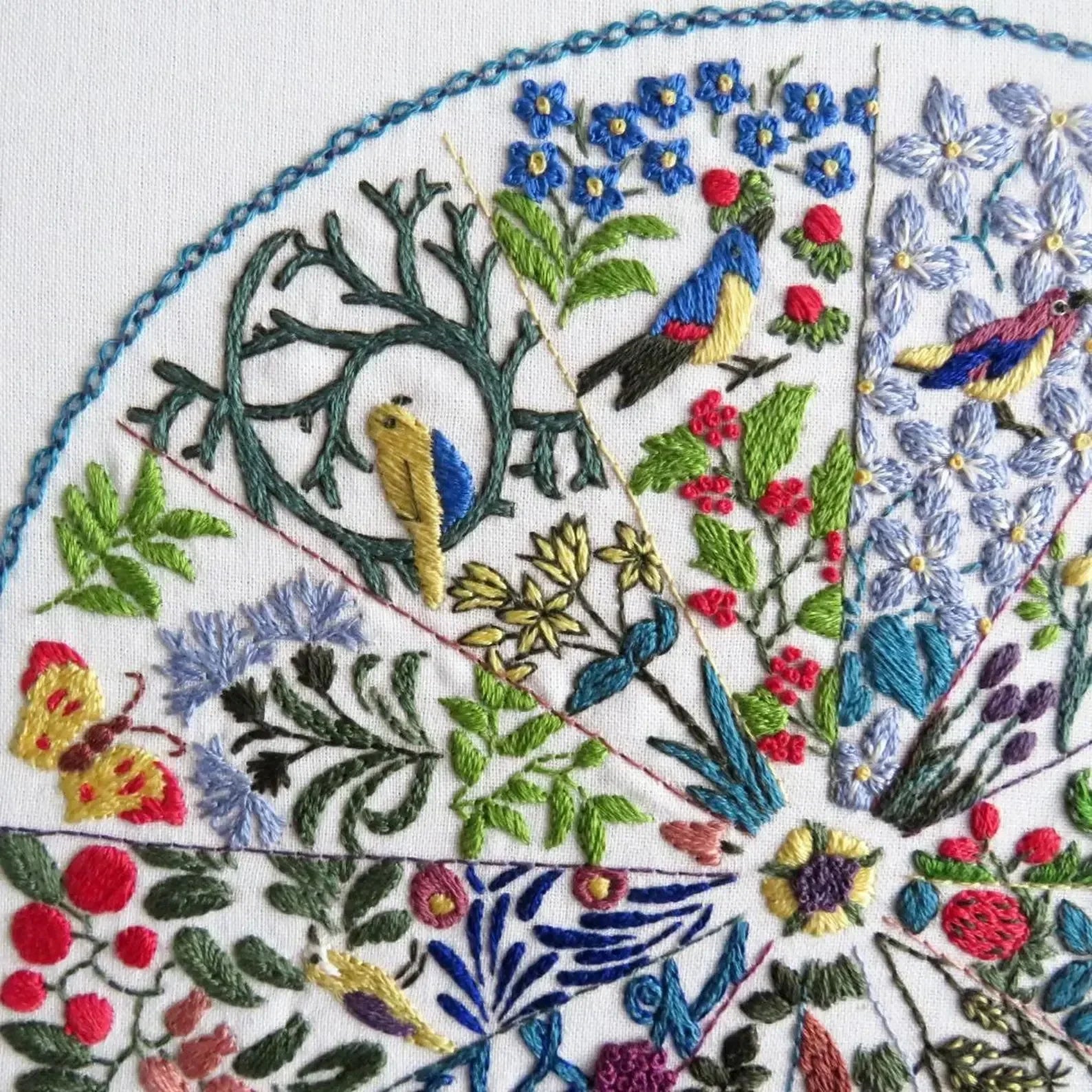 Embroidered design with birds, flowers, and leaves on a white background