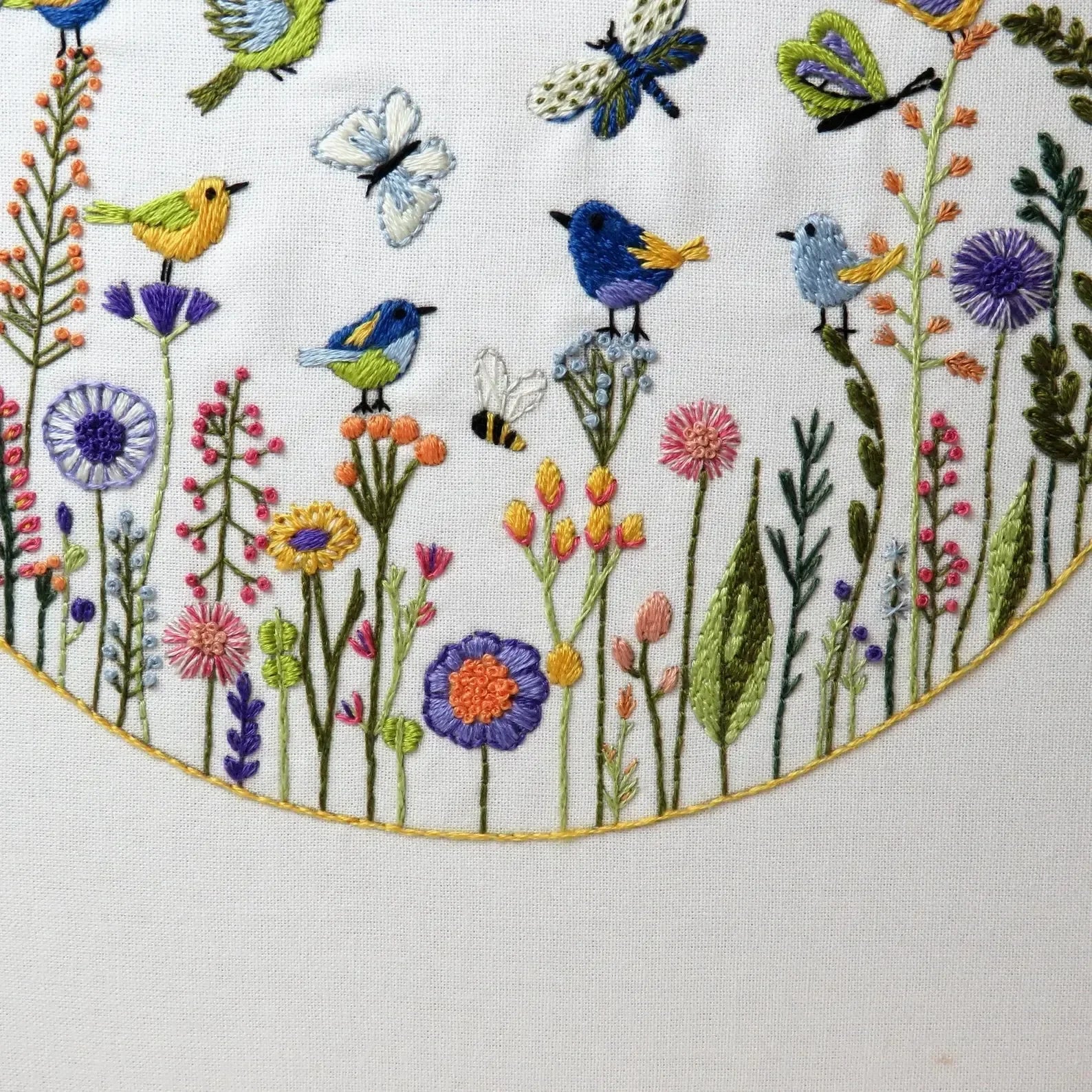 Embroidered design of birds, butterflies, and flowers on a white background