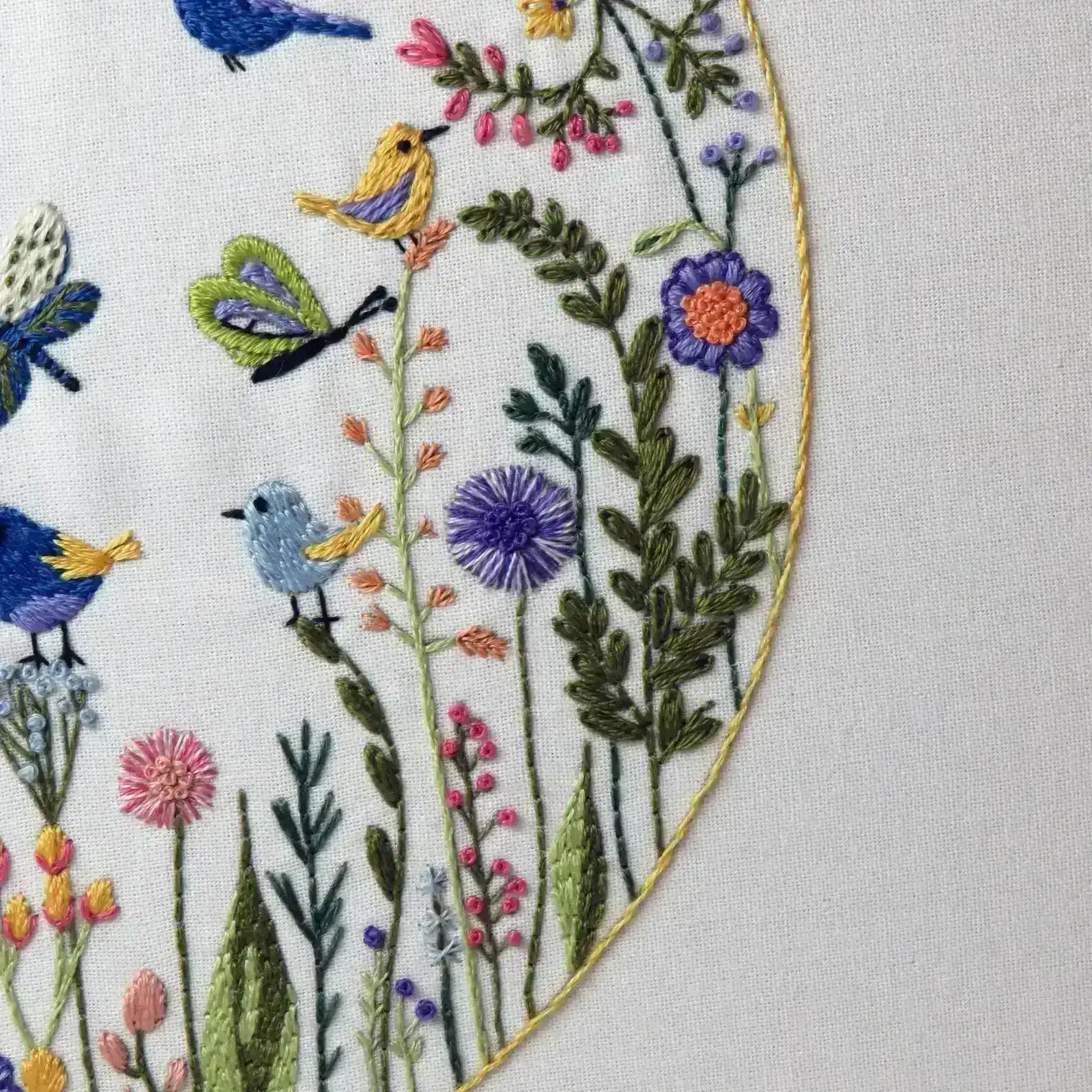 Embroidered design of birds and flowers on a white background
