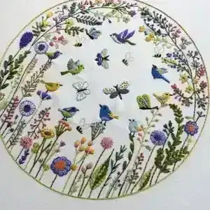 Circular design with colorful birds, flowers, and insects on a white background