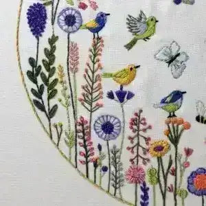 Embroidered design with flowers, birds, and butterflies on a white background