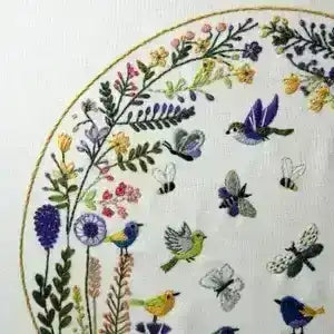 Embroidered design with flowers, butterflies, and birds on a white background