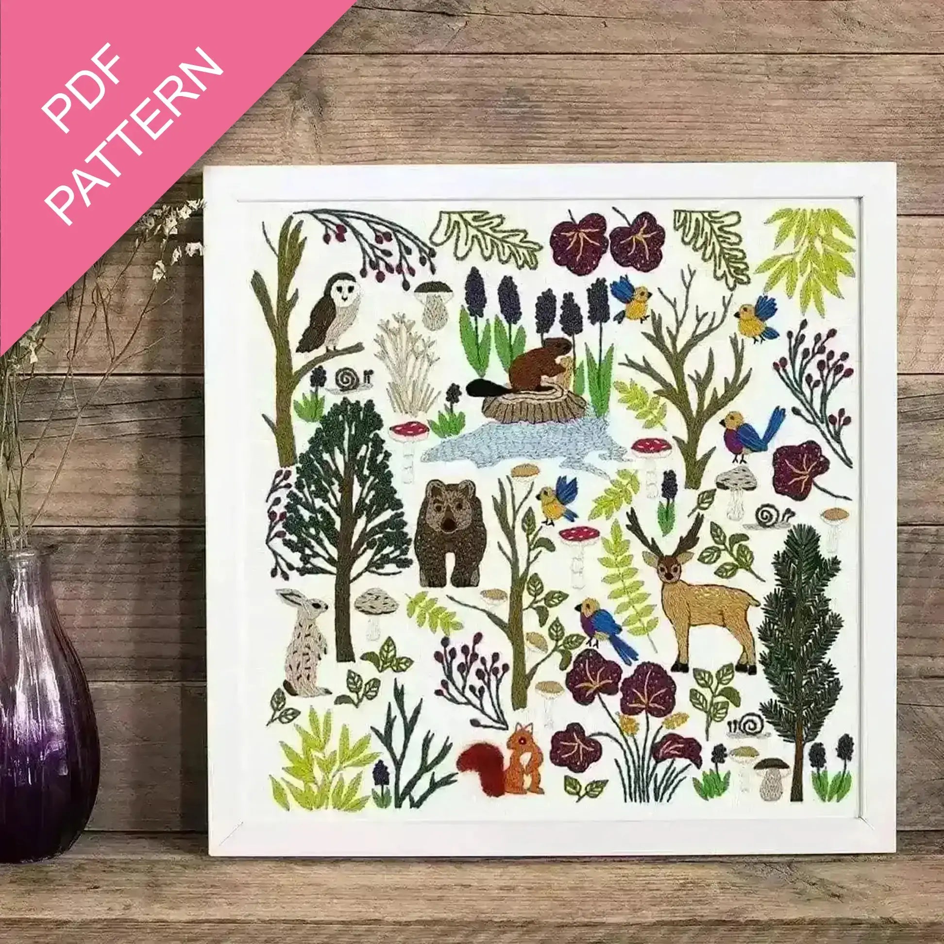 Illustration of forest animals and plants on a wooden surface with a PDF pattern label.