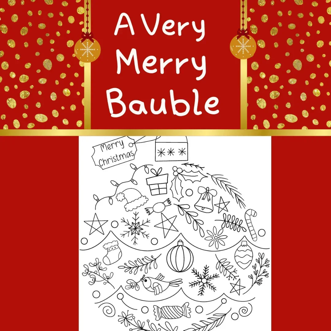 Christmas-themed coloring book with 'A Very Merry Bauble' text and festive decorations.