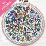 Embroidery hoop with floral pattern on a white background
