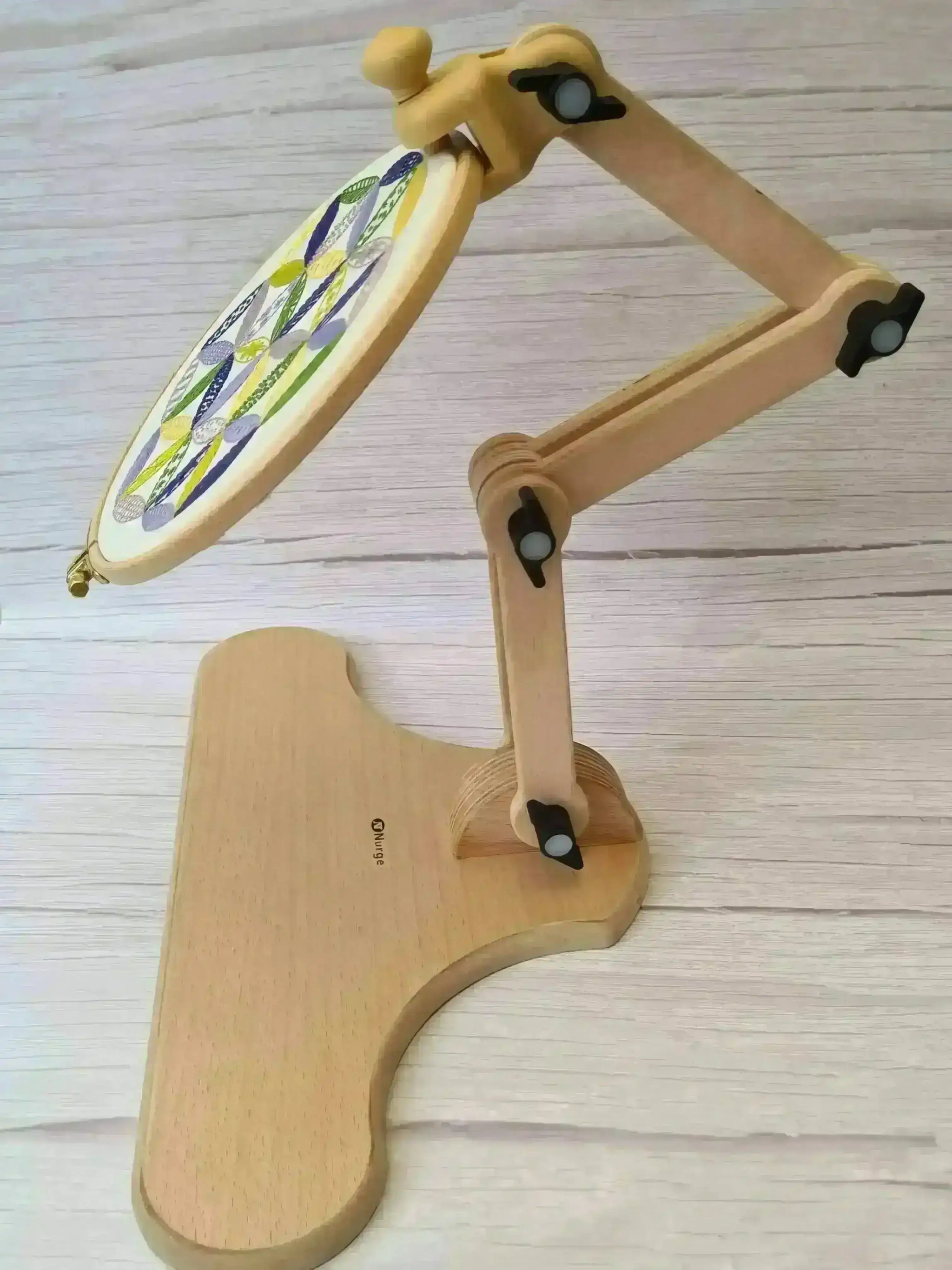 Nurge Adjustable Wooden Seat Embroidery Stand , Embroidery Supplies , Nurge , embroidery hoop kit, embroidery kit for adults, embroidery kit for beginers, embroidery kits for beginners, hand embroidery, hand embroidery hoop, hand embroidery seat frame, nurge seat stand , StitchDoodles , shop.stitchdoodles.com